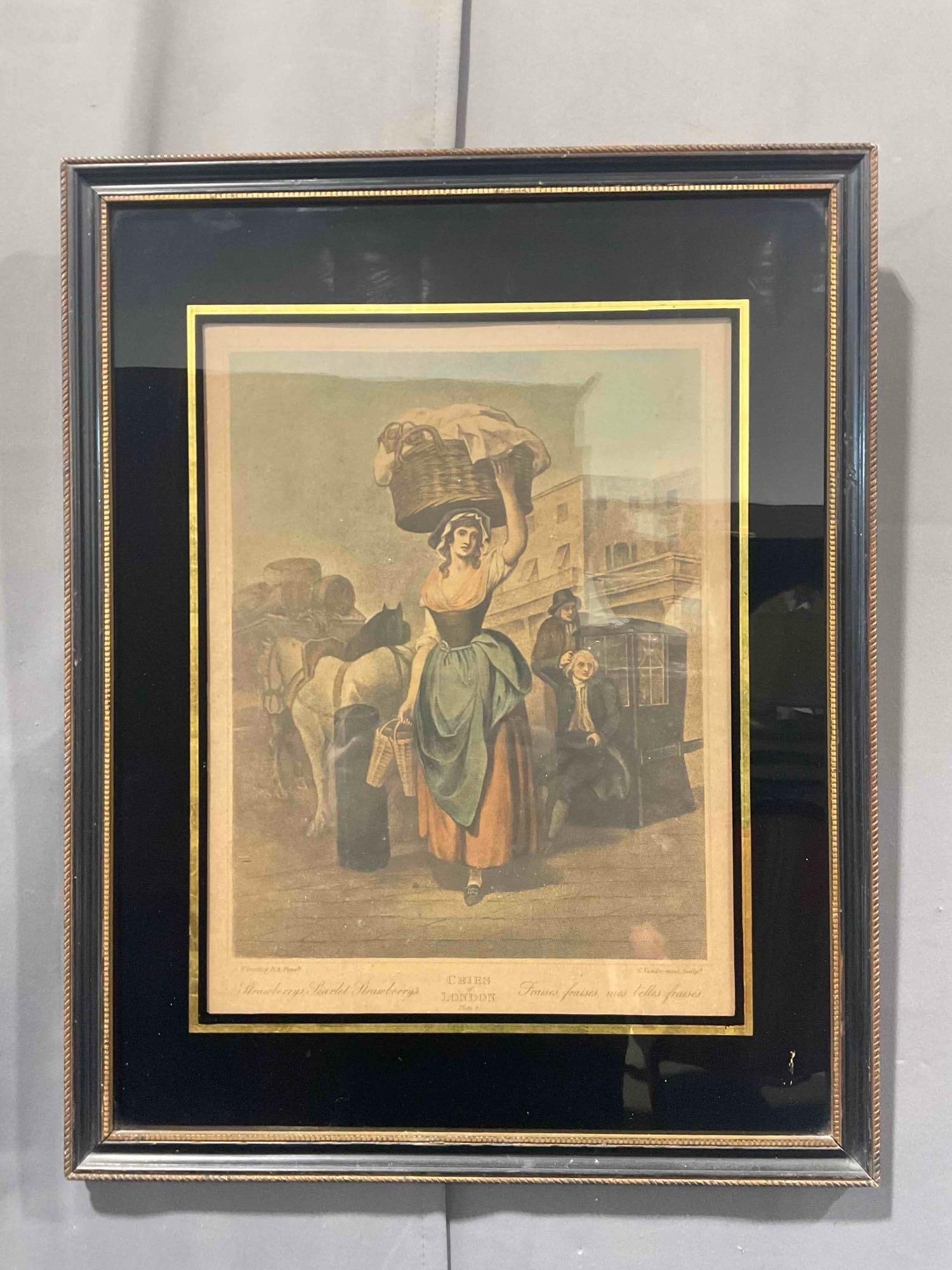 Framed Antique Engraving Print "Strawberries, Sweet Strawberries" from Cries of London.: Framed Antique Engraving Print "Strawberries, Sweet Strawberries" from Cries of London. Originally painted by Francis Wheatley, engraved by Giovanni Vendromini. In painted black wooden frame w/ glass