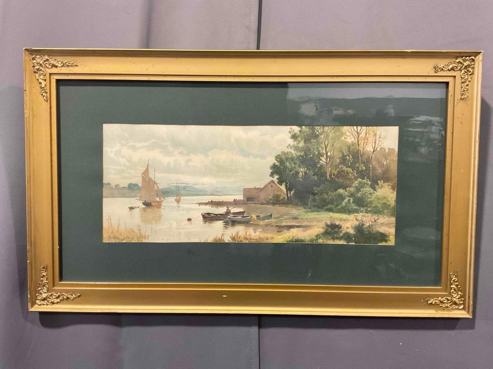 Framed Antique Watercolor Print "River Shore w/ Boats" by Carl Weber. Very Good Condition.: Framed Antique Watercolor Print "River Shore w/ Boats" by Carl Weber. Very Good Condition. Frame has wear indicative of age, matting shows some stains, condition is otherwise very good. In gold colore