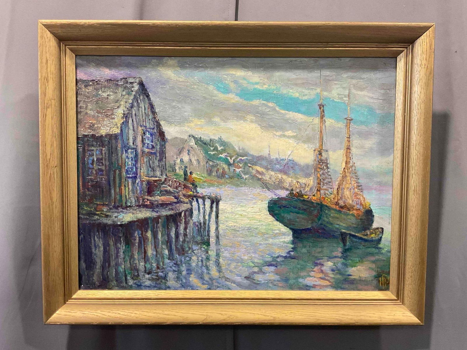 Vintage Framed Original Oil Painting of Ship at Port Scene, Signed HP. Excellent Condition. (1 of 6)