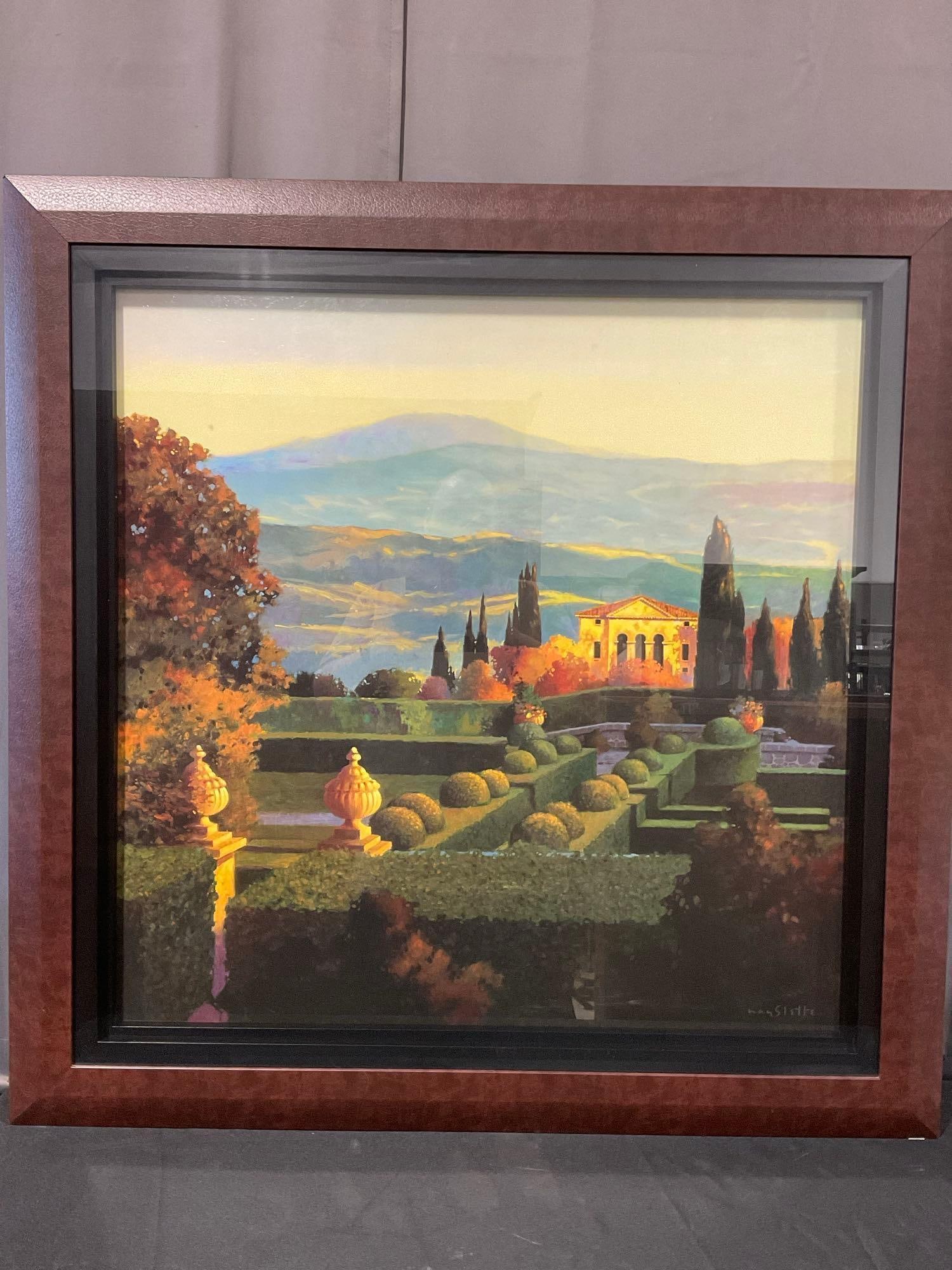 Framed Print titled Villa D Orcia by Max Hayslette, 44h x 44w x 4d inches: Almost a gallery style frame, heavy w/leather. Appears to be in good shape. The piece measures approx inches. See pics. E-5550 *Freight Required if shipped, Buyer Arranged/Responsibility* 