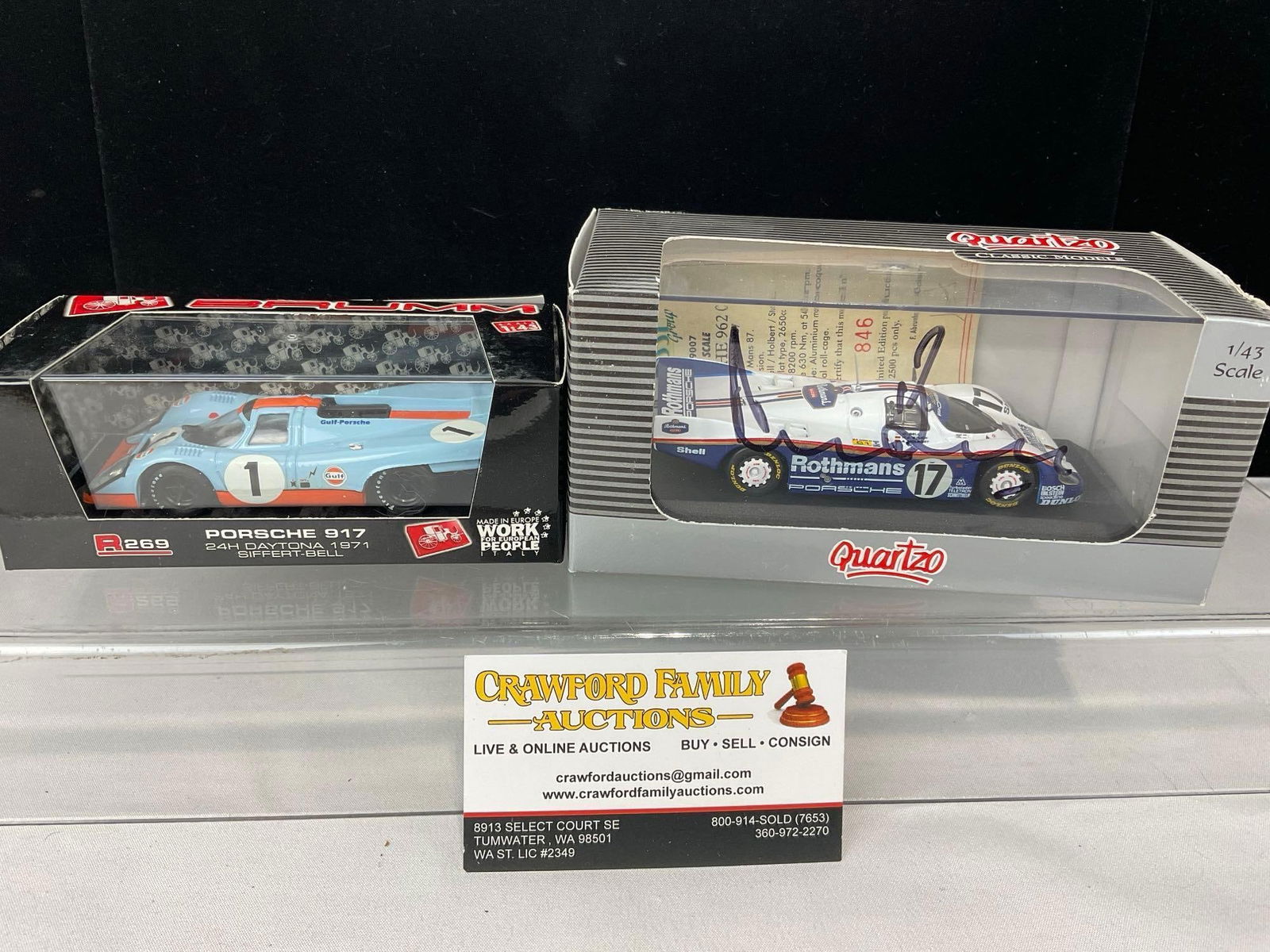 Brumm & Quartzo 1/43 Scale Diecast Car Models, Porsche 917 & Porsche 962C Signed by Derek Bell: Cover is signed by Derek Bell. Appears to be in good shape. The piece measures approx 6h x 7w x 4d inches. See pics. E-5420