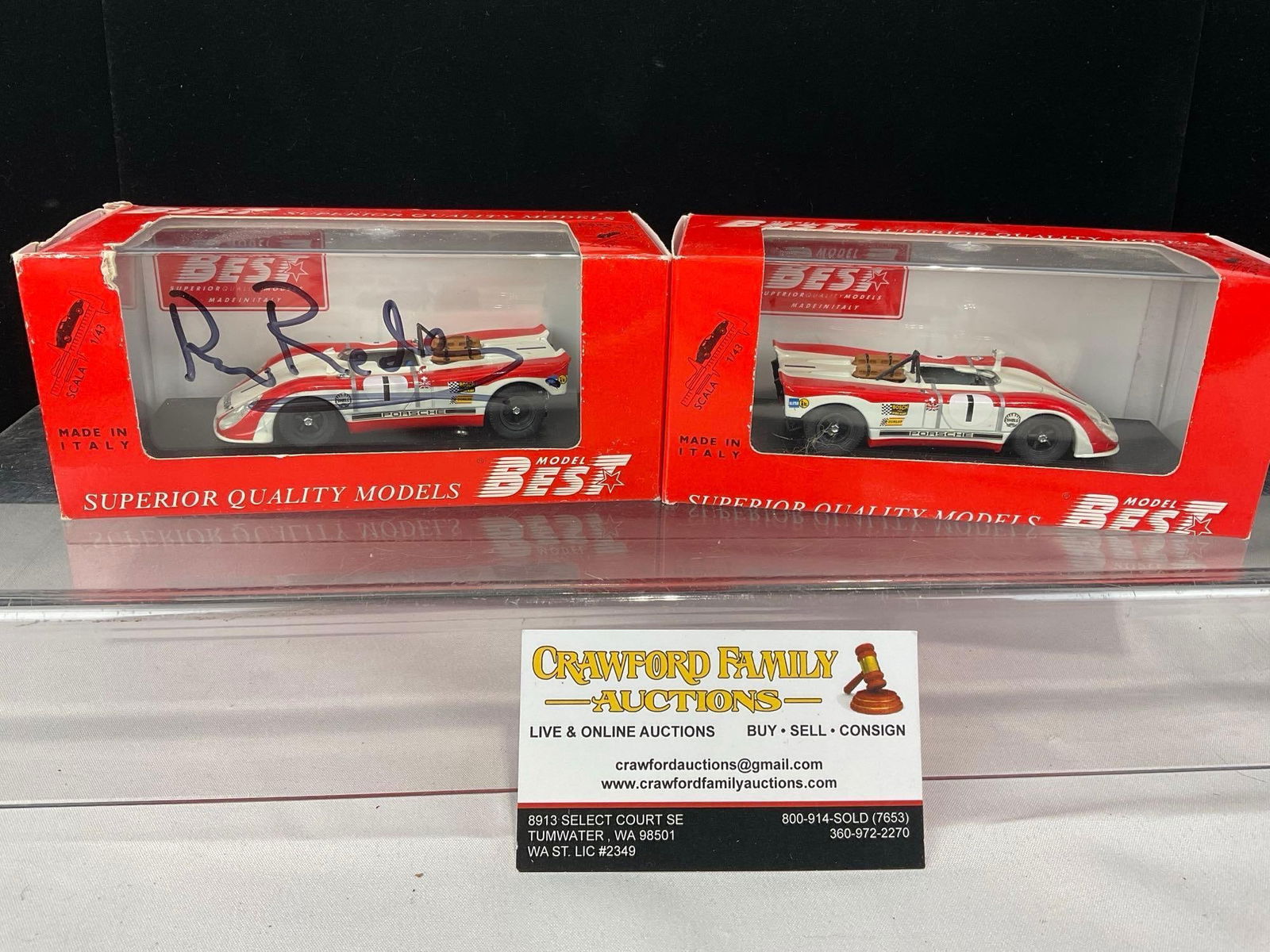 Pair of Best 1/43 Scale Diecast Car Models, 2x 1970s Porsche 908/3, 1x signed by Driver Brian Red...: Appears to be in good shape. The piece measures approx 6h x 7w x 4d inches. See pics. E-5420
