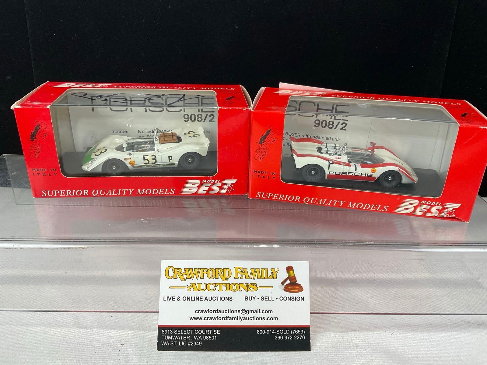Pair of Best 1/43 Scale Diecast Car Models, 1969 Porsche 908/2, 1 signed by Brian Redman, Driver: Appears to be in good shape. The piece measures approx 6h x 7w x 4d inches. See pics. E-5420