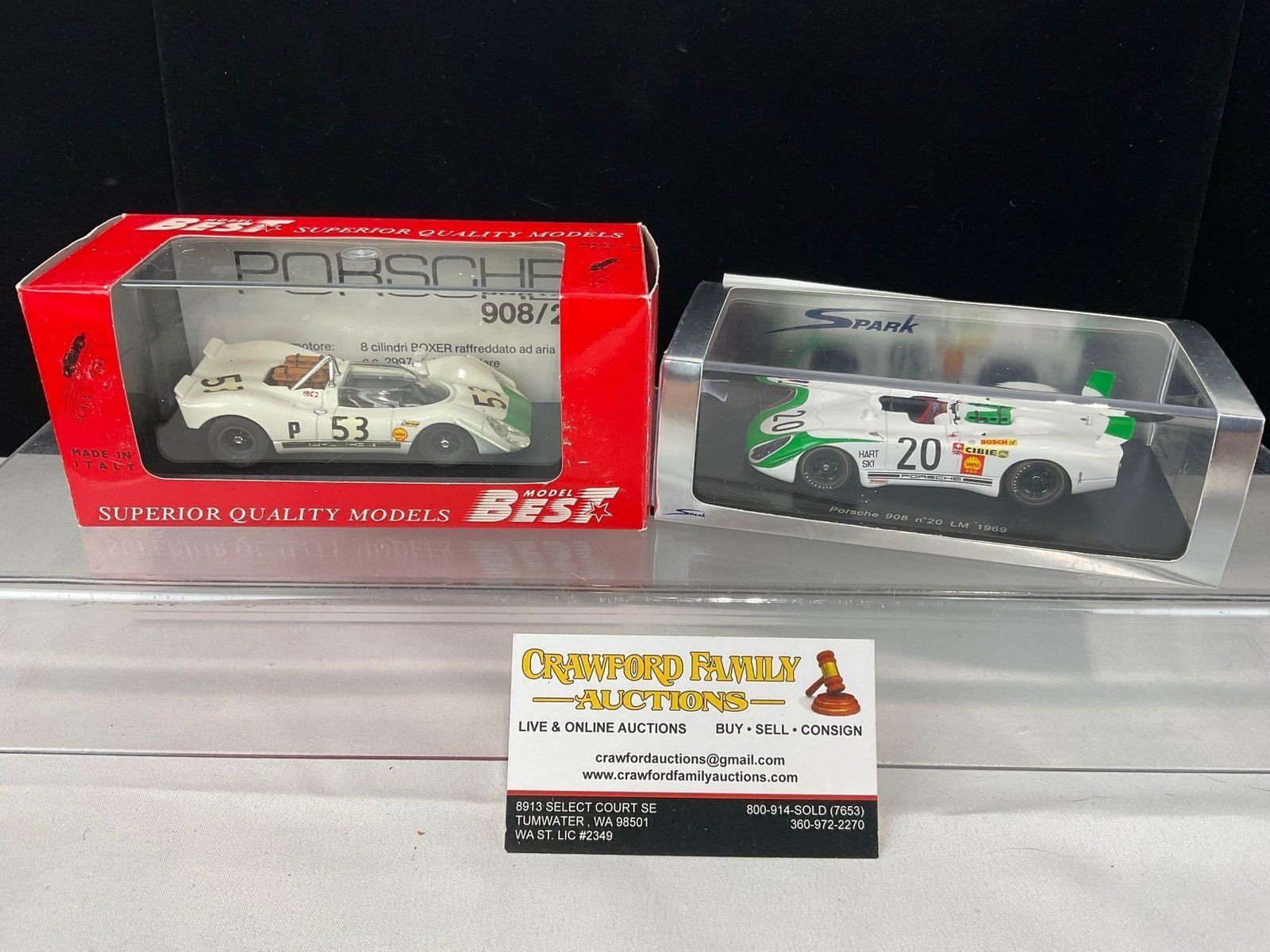Pair of Spark & Best 1/43 Scale Diecast Car Models, 1969 Porsche 908 Le Mans 24H, Brian Redman: Appears to be in good shape. The piece measures approx 6h x 7w x 4d inches. See pics. E-5420