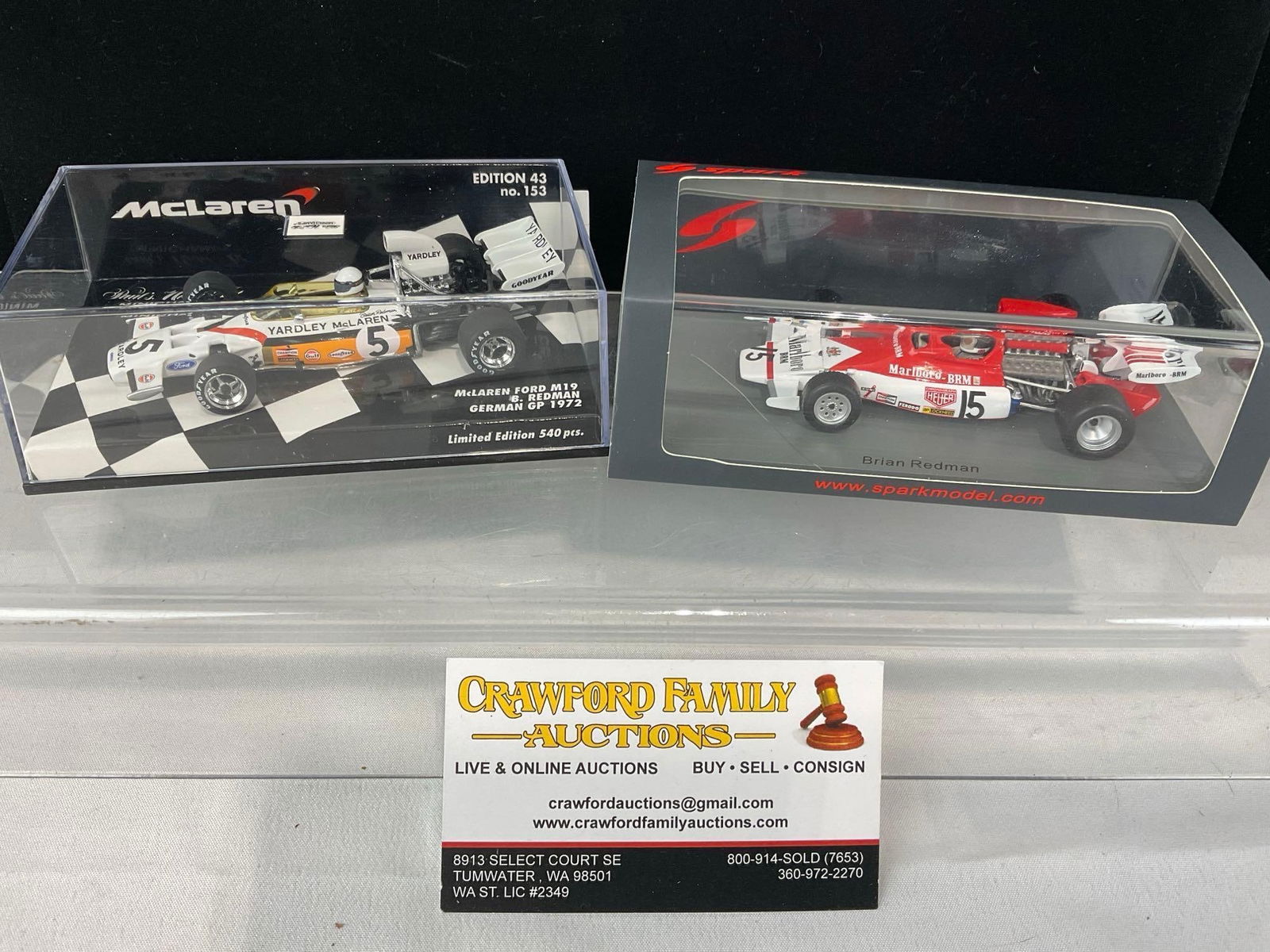Pair of 1972 1/43 Scale Diecast Car Models, McLaren M19 German GP & BRM P180 USGP, Brian Redman: Appears to be in good shape. The piece measures approx 6h x 7w x 4d inches. See pics. E-5420 