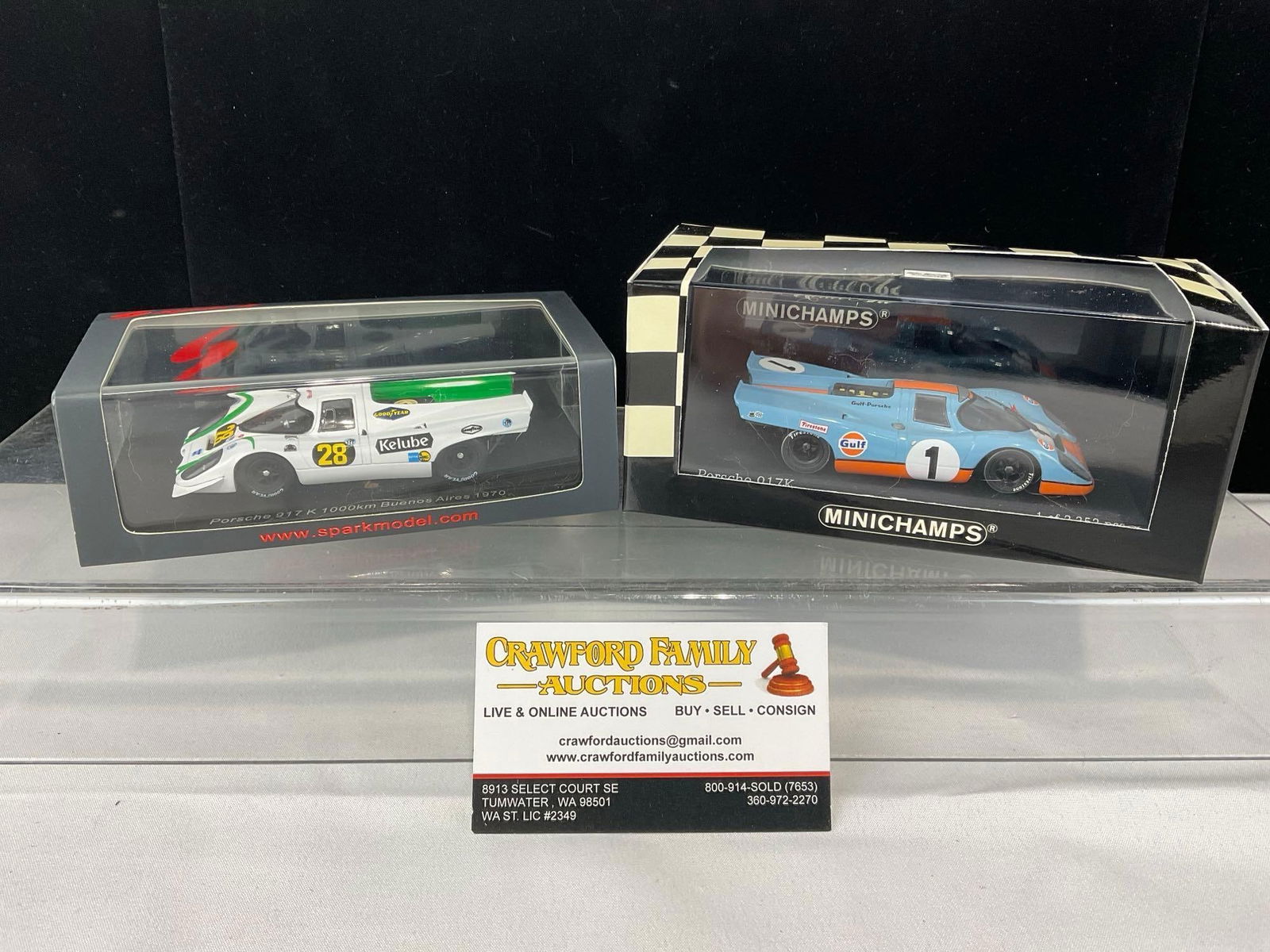 Pair of Minichamps & Spark 1970 Porsche 917K 1/43 Scale Diecast Car Models, Brian Redman: Appears to be in good shape. The piece measures approx 6h x 7w x 4d inches. See pics. E-5420 