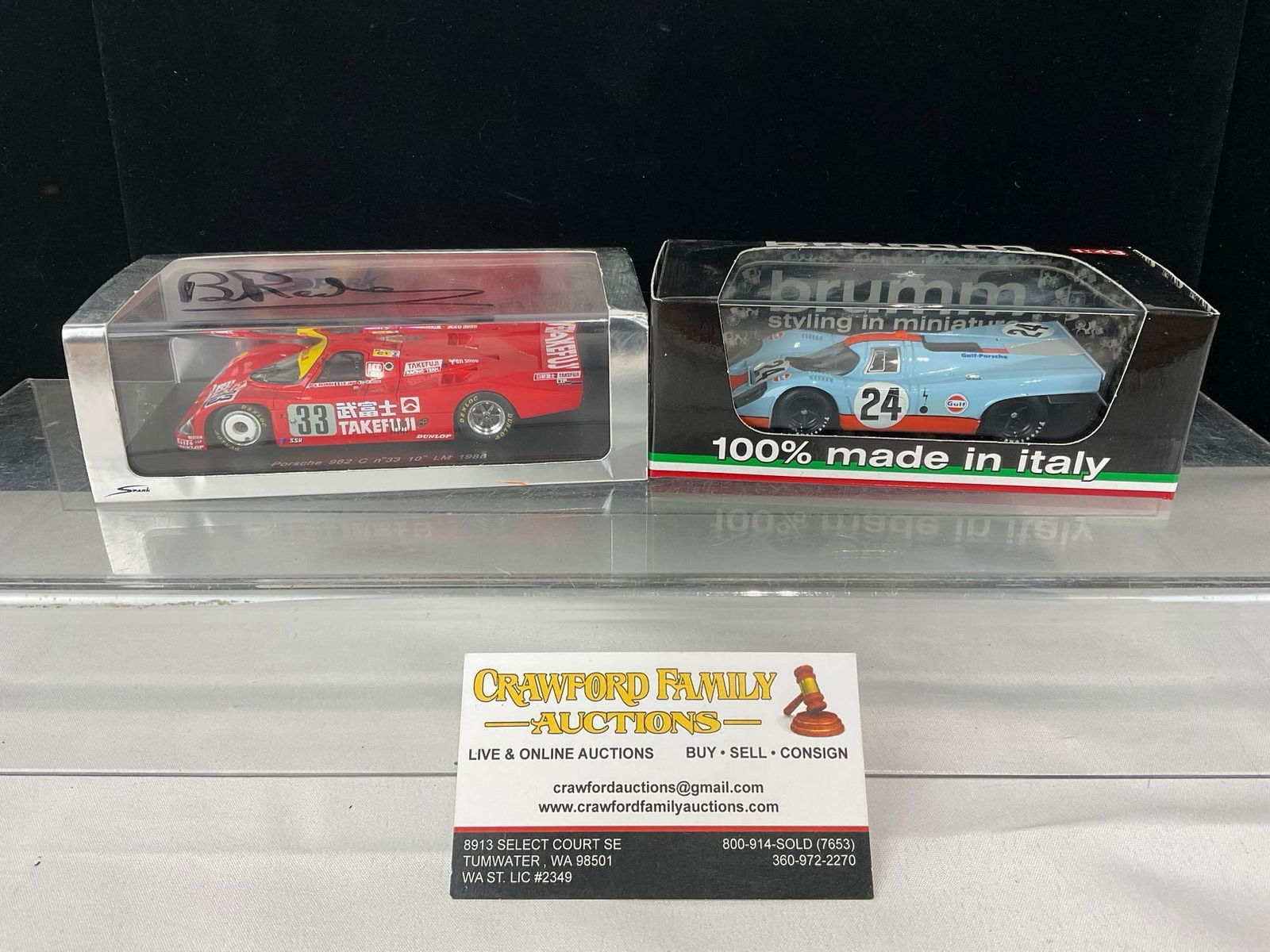Pair of 1/43 Scale Diecast Car Models, 1970 Porsche 917K & 1988 962C LM24H Signed by Brian Redman: Appears to be in good shape. The piece measures approx 6h x 7w x 4d inches. See pics. E-5420