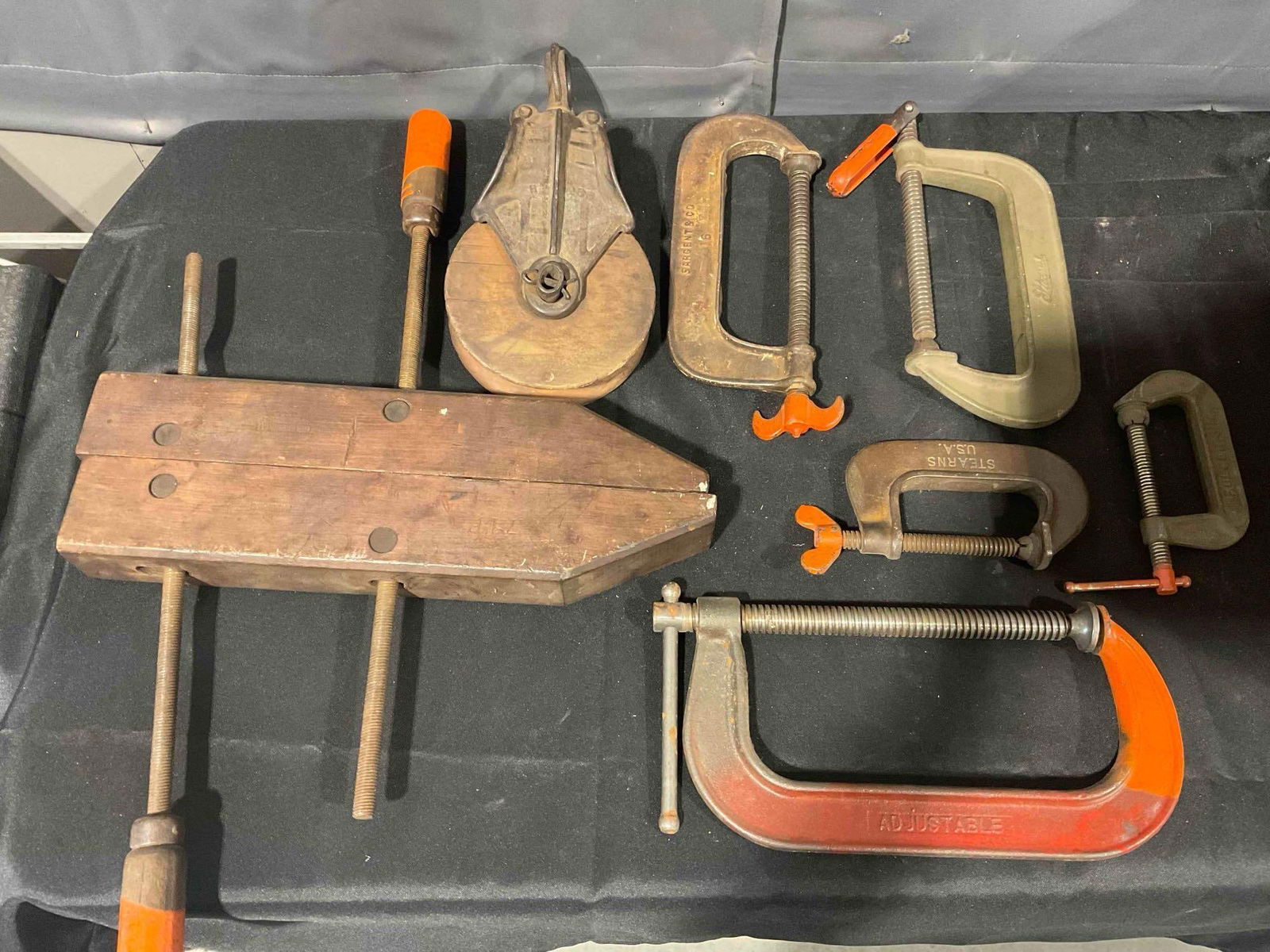 7 pcs Vintage Tools incl. Clamps & Pulley in Vintage Arden Wooden Box. Very Good Condition. - 2