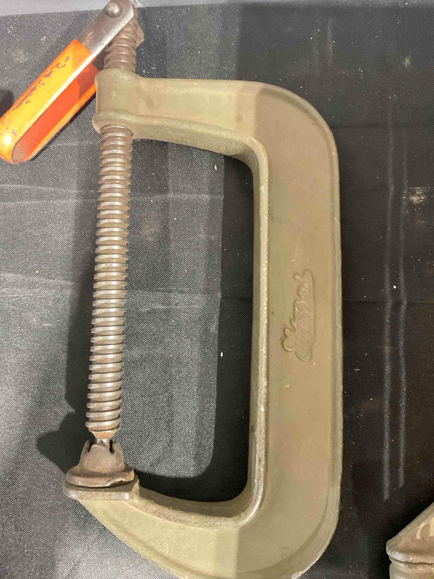 7 pcs Vintage Tools incl. Clamps & Pulley in Vintage Arden Wooden Box. Very Good Condition. - 4