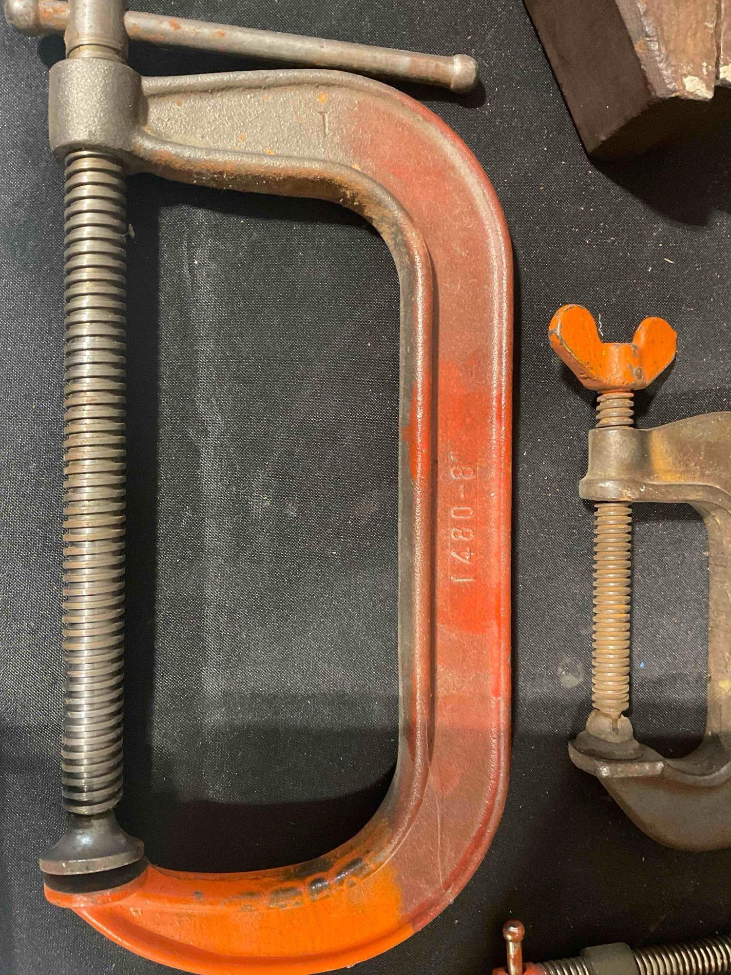 7 pcs Vintage Tools incl. Clamps & Pulley in Vintage Arden Wooden Box. Very Good Condition. - 6