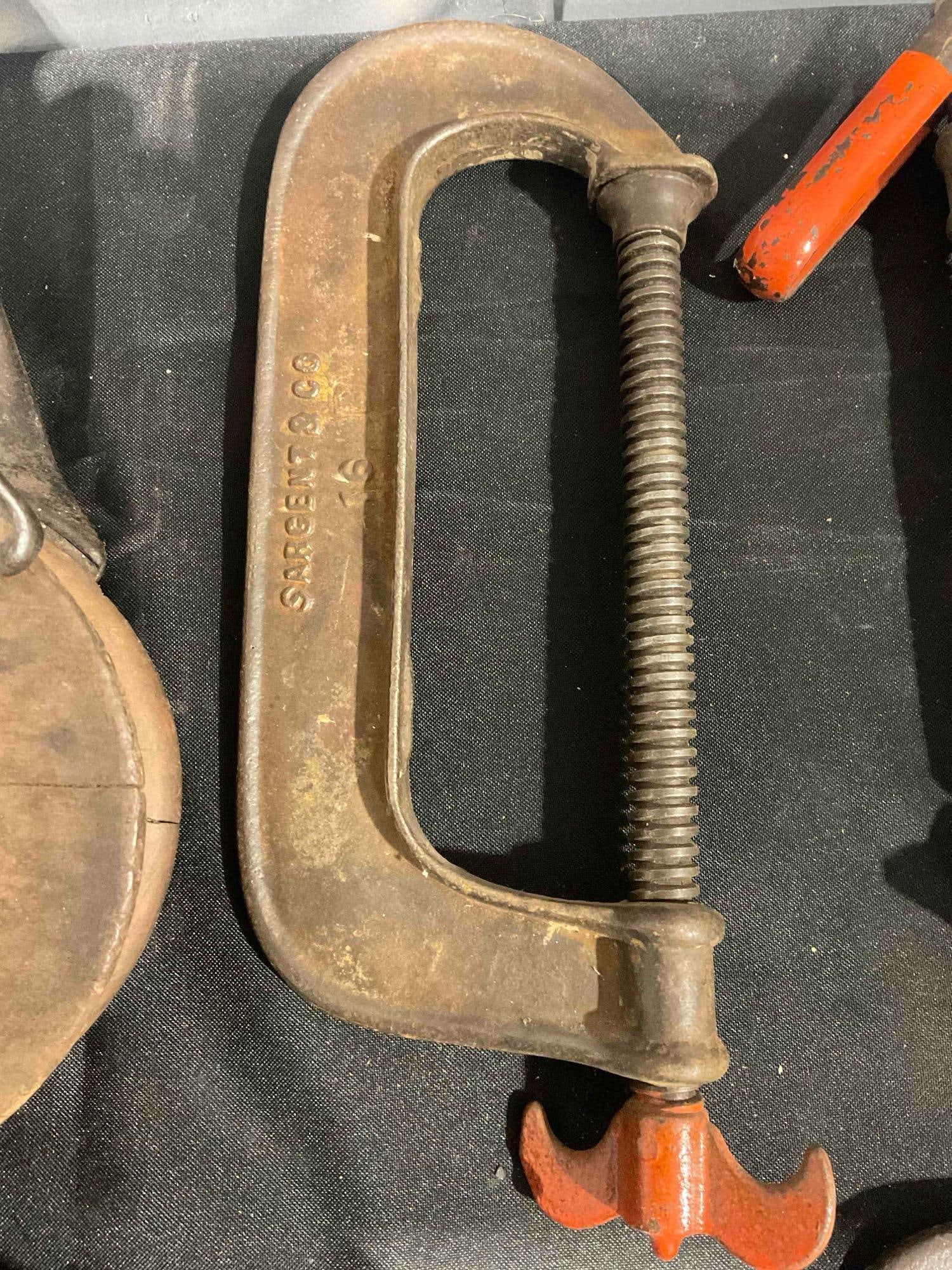 7 pcs Vintage Tools incl. Clamps & Pulley in Vintage Arden Wooden Box. Very Good Condition. - 7