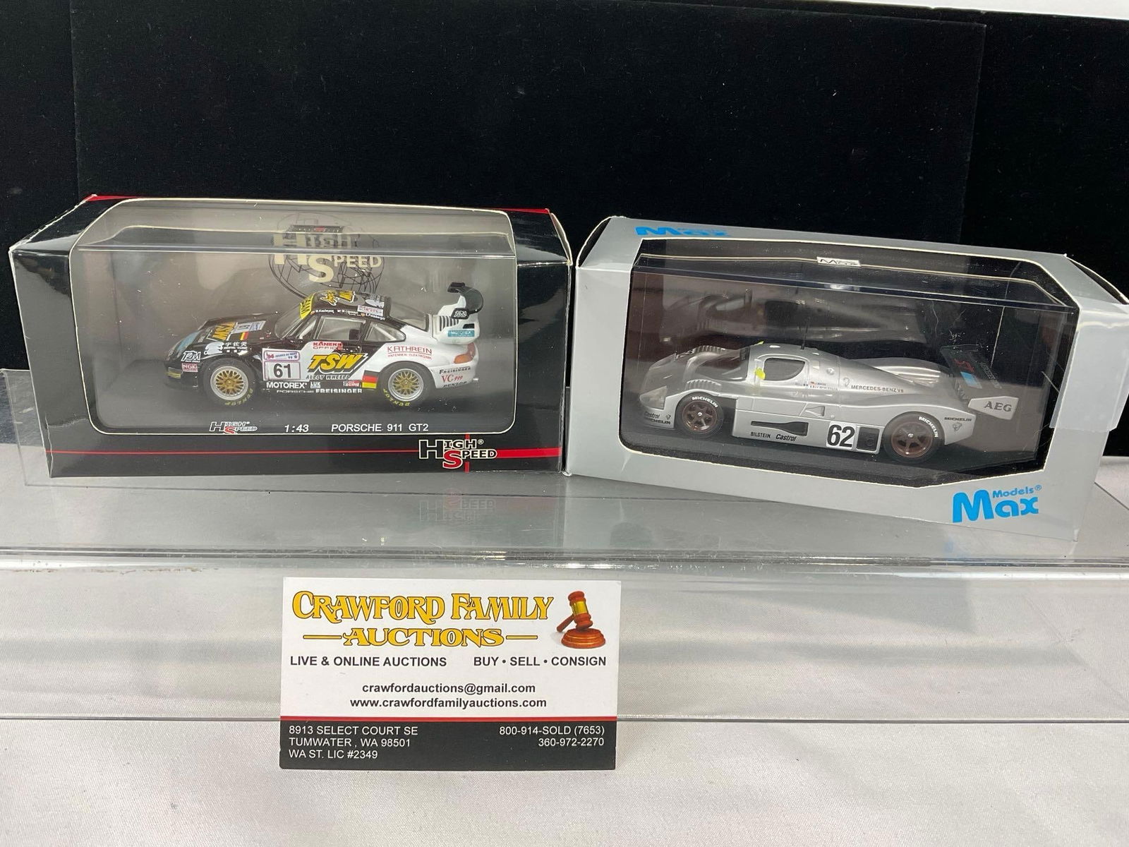 2 1/43 Scale Diecast Car Models 1999 High Speed Porsche 911 GT2 & Models Max Sauber Mercedes C9 1...: All comes from the same collection. Appears to be in good shape. The piece measures approx 6h x 7w x 4d inches. See pics. E-5420 