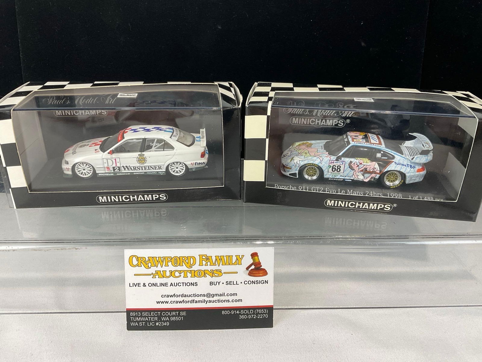 2 Minichamps 1/43 Scale Diecast Car Models, BMW 320I STW Cup 1996 & Porsche 911 GT2 Le Mans 1998: All comes from the same collection. Appears to be in good shape. The piece measures approx 6h x 7w x 4d inches. See pics. E-5420 