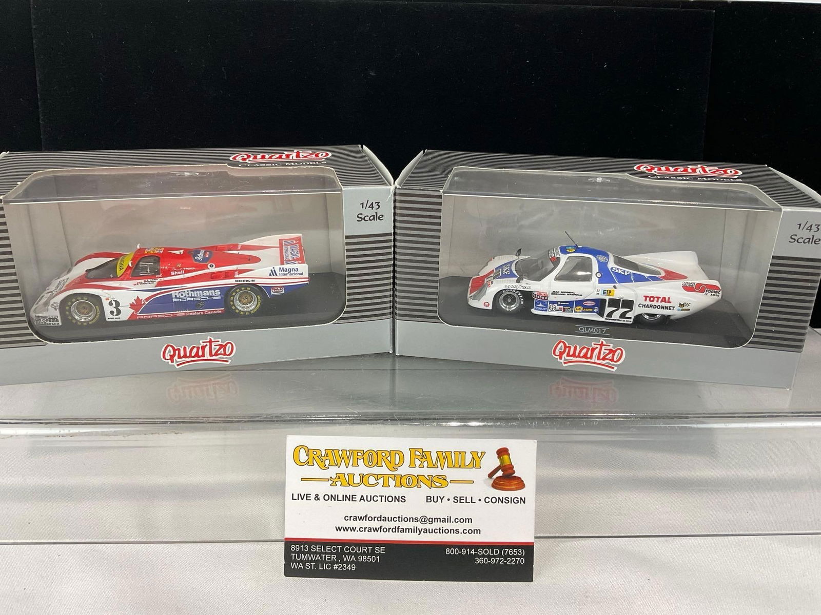 2 Quartzo 1/43 Scale Diecast Car Models, 1978 Rondeau M378 & 1987 Porsche 962 Long Tail LM24H: All comes from the same collection. Appears to be in good shape. The piece measures approx 6h x 7w x 4d inches. See pics. E-5420 