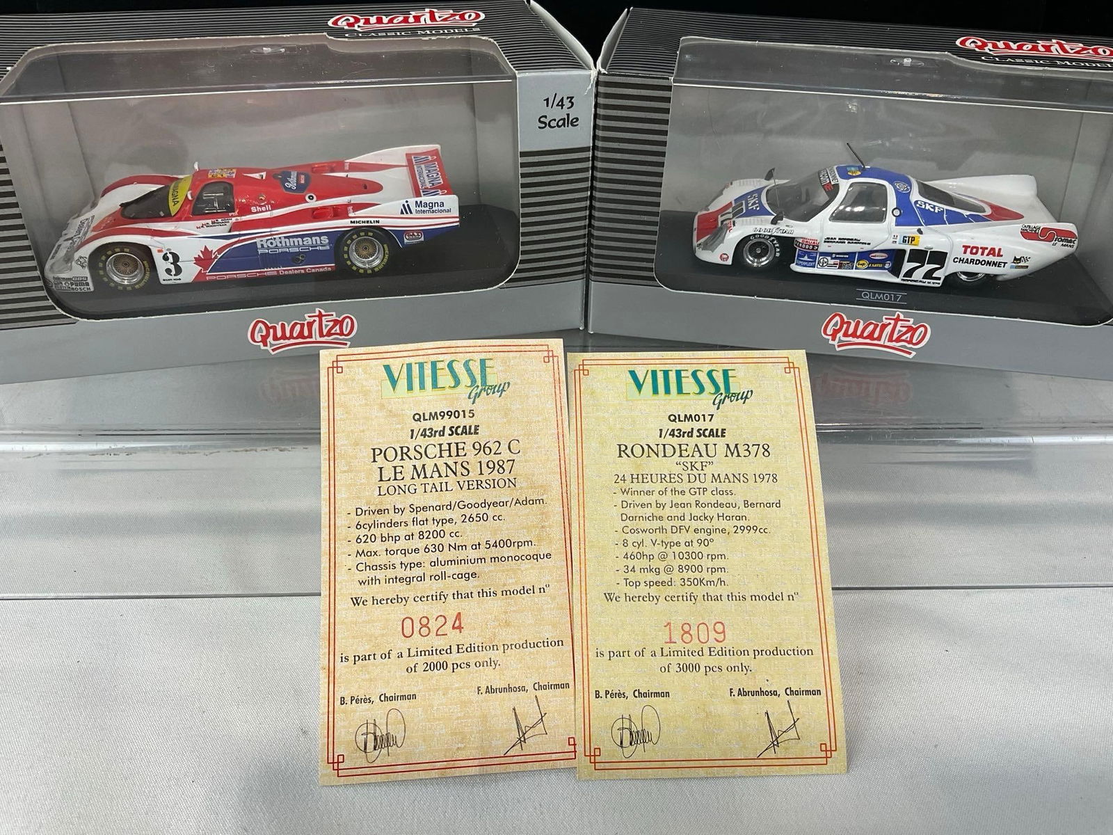 2 Quartzo 1/43 Scale Diecast Car Models, 1978 Rondeau M378 & 1987 Porsche 962 Long Tail LM24H - 2