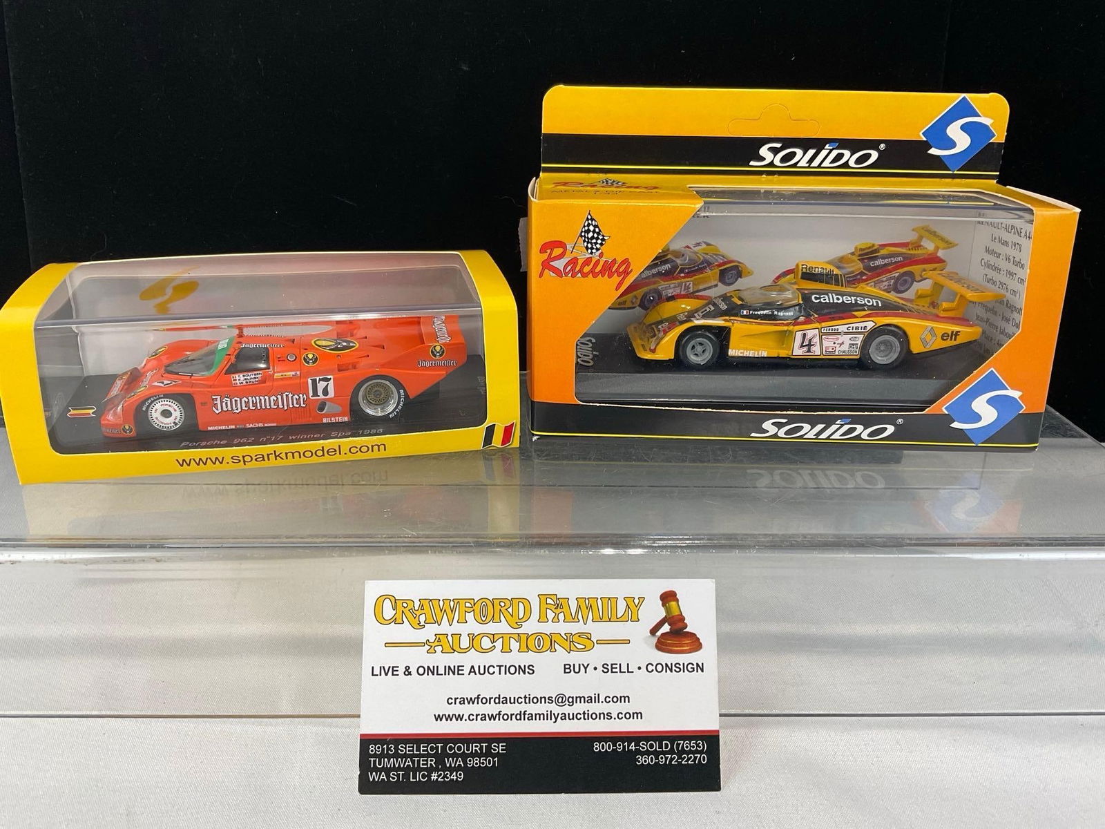 2 1/43 Scale Diecast Car Models, Solido 1976 Alpine A442 & Porsche 962 #17 Spa 1986: All comes from the same collection. Appears to be in good shape. The piece measures approx 6h x 7w x 4d inches. See pics. E-5420