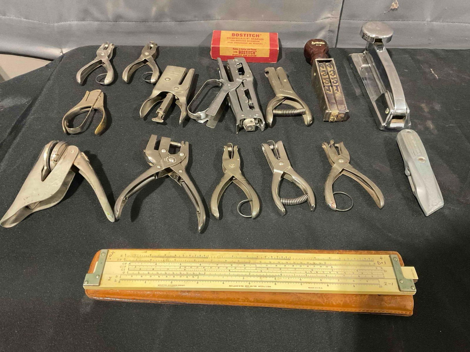 16 pcs Assorted Hole Punches, Staplers & More, incl. Bostitch, Justrite, Clipper & Keuffel & Esser.: 16 pcs Assorted Hole Punches, Staplers & More, incl. Bostitch, Justrite, Clipper & Keuffel & Esser. Minor wear indicative of use, condition is otherwise very good. Fits in box measuring