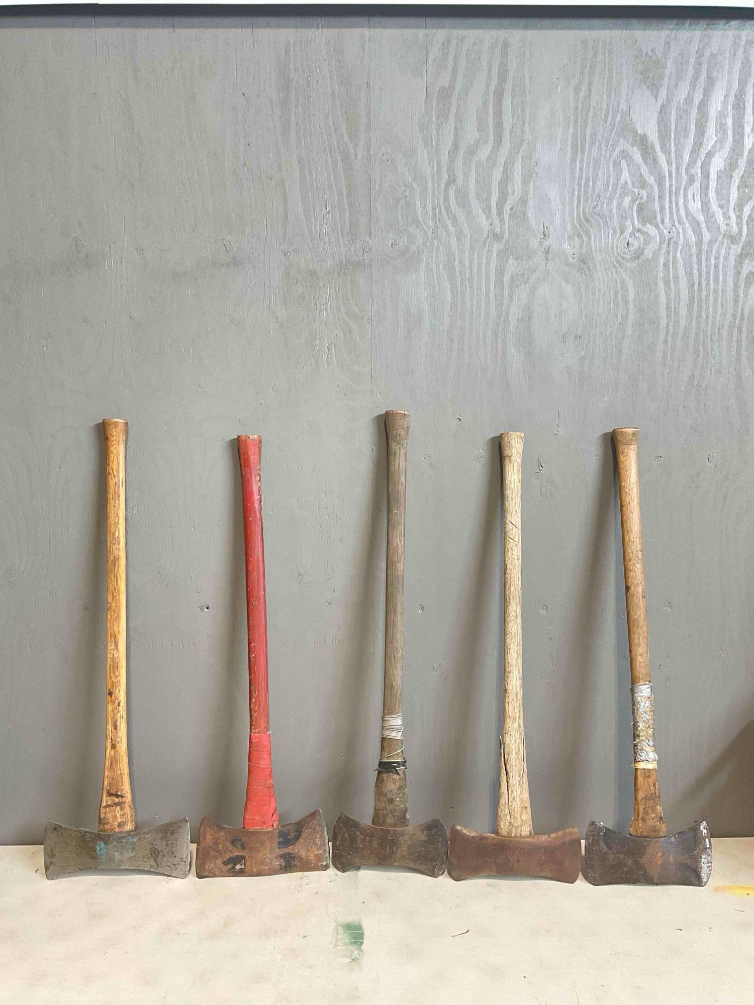 5 pcs Vintage Double-Bit Axes, incl. Swedish STPO-BRO? Fair Condition. See pics.: *No in-house shipping, due to size and weight* 5 pcs Vintage Double-Bit Axes, incl. Swedish STPO-BRO? Fair Condition. Two have split handles, all have rust and wear indicative of age, condition