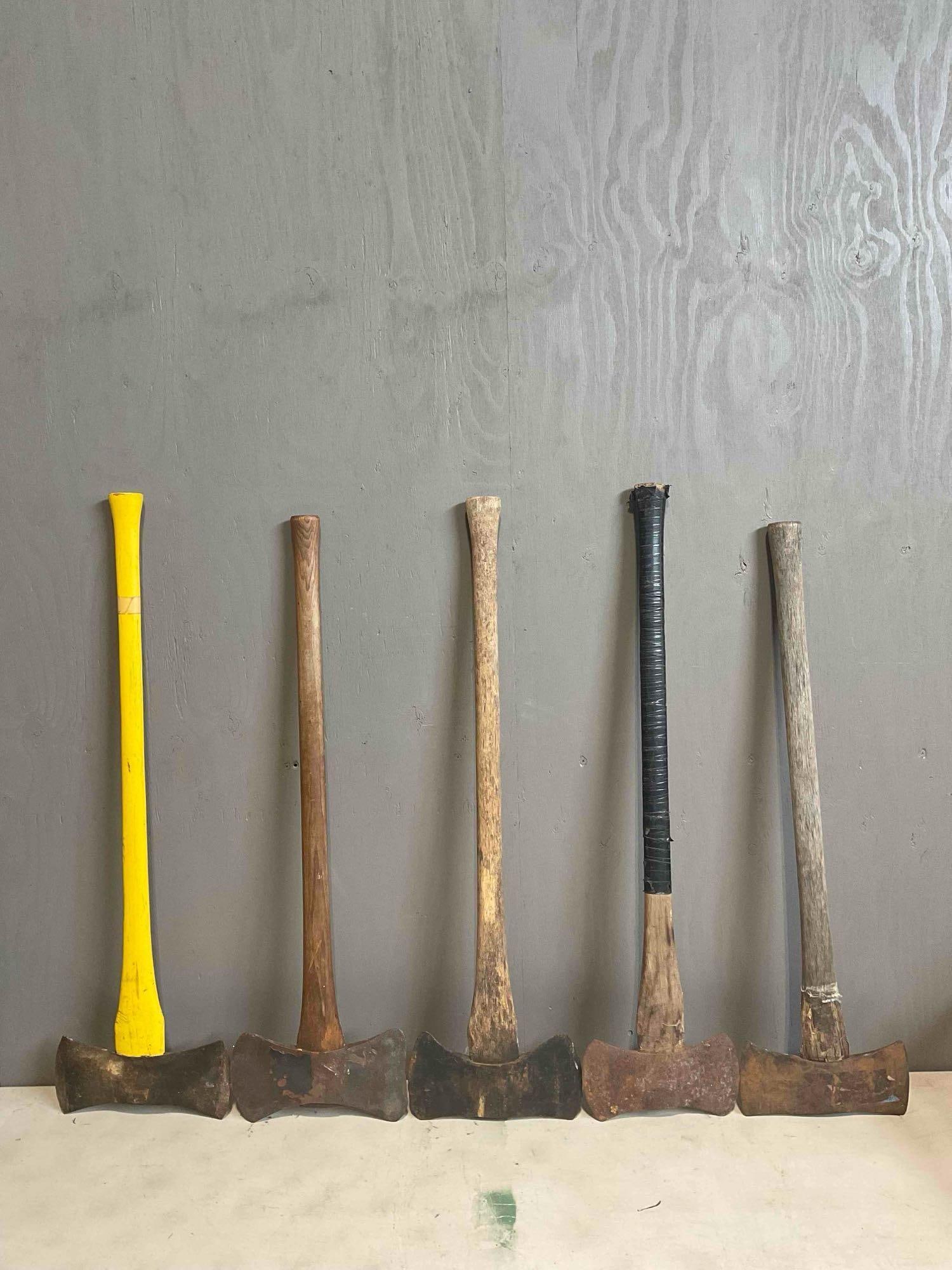 5 pcs Vintage Double-Bit Axes, incl. 1x w/ Initials BA, 4x Unbranded. Good Condition. See pics.: *No in-house shipping, due to size and weight* 5 pcs Vintage Double-Bit Axes, incl. 1x w/ Initials BA, 4x Unbranded. Good Condition. All have wear indicative of age and use, condition is