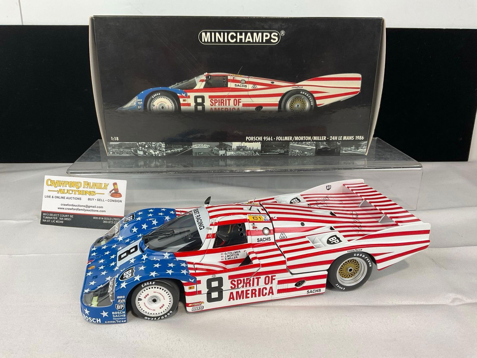 Minichamps 1986 Porsche 956L LM24H 1:18 Scale Diecast Car Model signed by George Folmer/John Morton: All comes from the same collection. Appears to be in good shape. The piece measures approx 5h x 13w x 7d inches. See pics. E-5420 