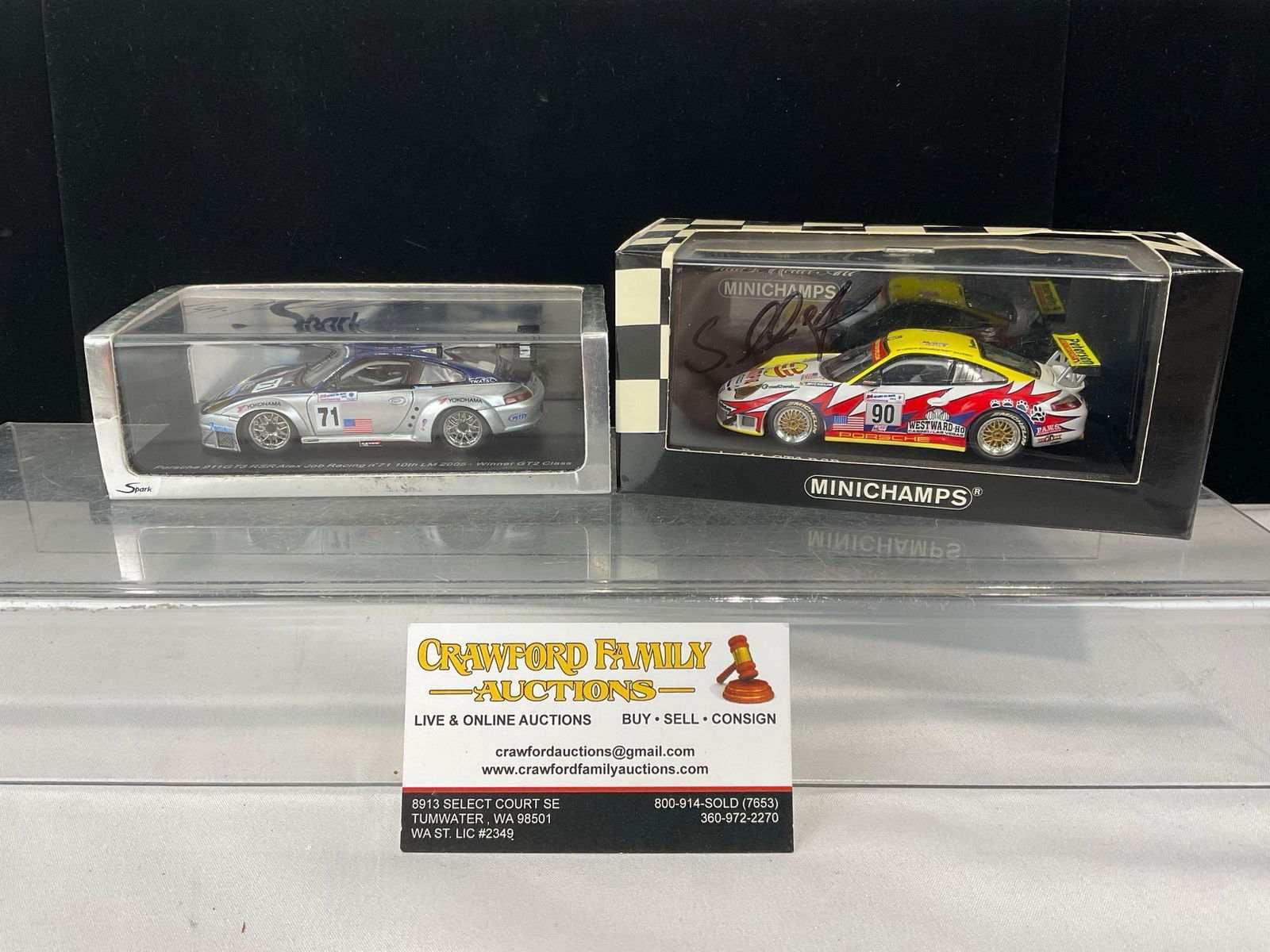 Spark & Minichamps 1/43 Scale Diecast Car Models, Porsche 911 GT3 RSR LM24H 2004-5, signed by dri...: One cover is signed by M. Rockenfeller. All comes from the same collection. Appears to be in good shape. The piece measures approx 6h x 7w x 4d inches. See pics. E-5420
