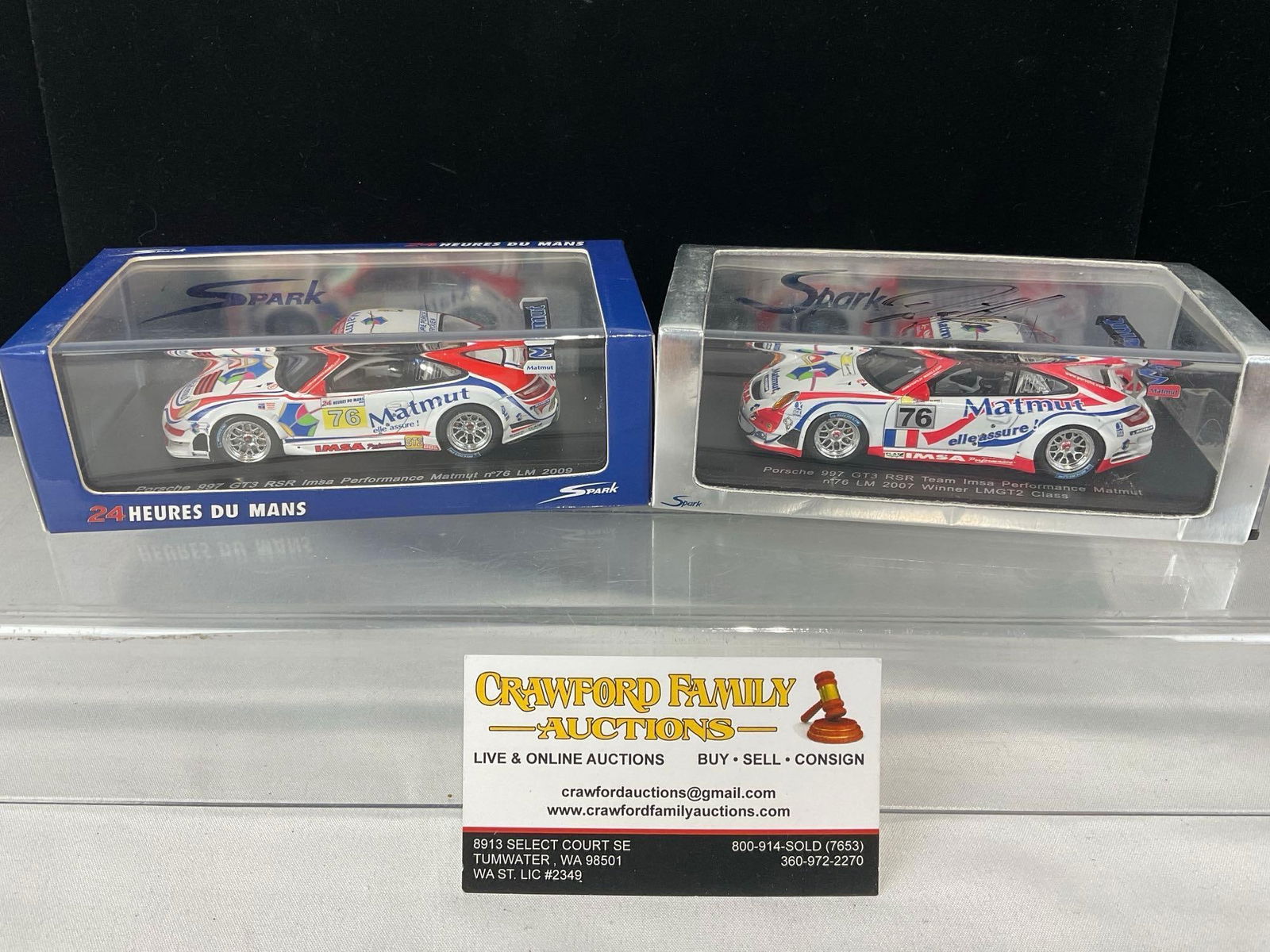 Pair of Spark 1/43 Scale Diecast Car Model, 2007&09 Porsche 997 GT>3 RSR LM24H Signed by Drivers: Both signed by Patrick Long & one each by Patrick Pilet & Richard Lietz. All comes from the same collection. Appears to be in good shape. The piece measures approx 6h x 7w x 4d inches. See