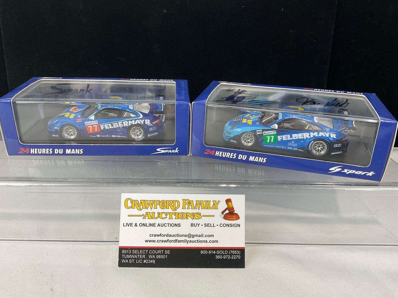 2 Spark 1/43 Scale Diecast Car Models, 2010-11 Porsche 997 GT3 RSR, both signed by all three driv...: Both Signed by Marc Lieb, Wolf Henzler & Richard Lietz. All comes from the same collection. Appears to be in good shape. The piece measures approx 7h x 7w x 4d inches. See pics. E-5420 