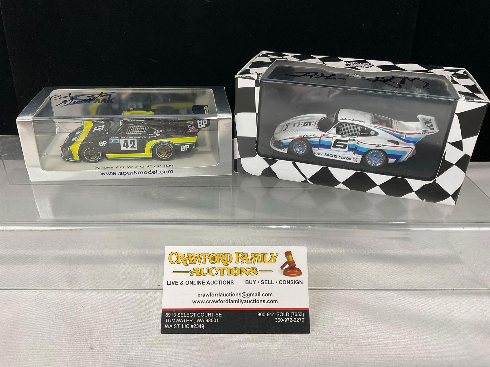Spark & Minichamps 1/43 Scale Diecast Car Models, 1980-81 Porsche 935 K3, signed by 2 drivers: 1 Signed by Bob Garretson, & the other signed by John Fitzpatrick. All comes from the same collection. Appears to be in good shape. The piece measures approx 7h x 7w x 4d inches. See pics. E-5420 
