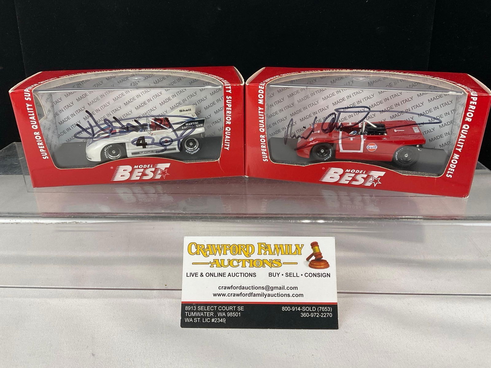 Best Models 1/43 Scale Diecast Car Models, 1970-71 Porsche 908/3, both signed by a driver: 1 Signed by Richard Atwood, the other is signed by Gijs van Lennep. All comes from the same collection. Appears to be in good shape. The piece measures approx 7h x 7w x 4d inches. See pics. E-5420