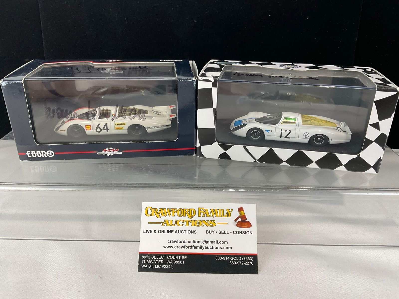 Ebbro & Minichamps 1967 Porsche 907 & 69 Porsche 908, Signed by Drivers, Hans Herrmann & Gerard L.: Both signed by Hans Herrmann & 1 signed by Gerard Larrouse. All comes from the same collection. Appears to be in good shape. The piece measures approx 7h x 7w x 4d inches. See pics. E-5420