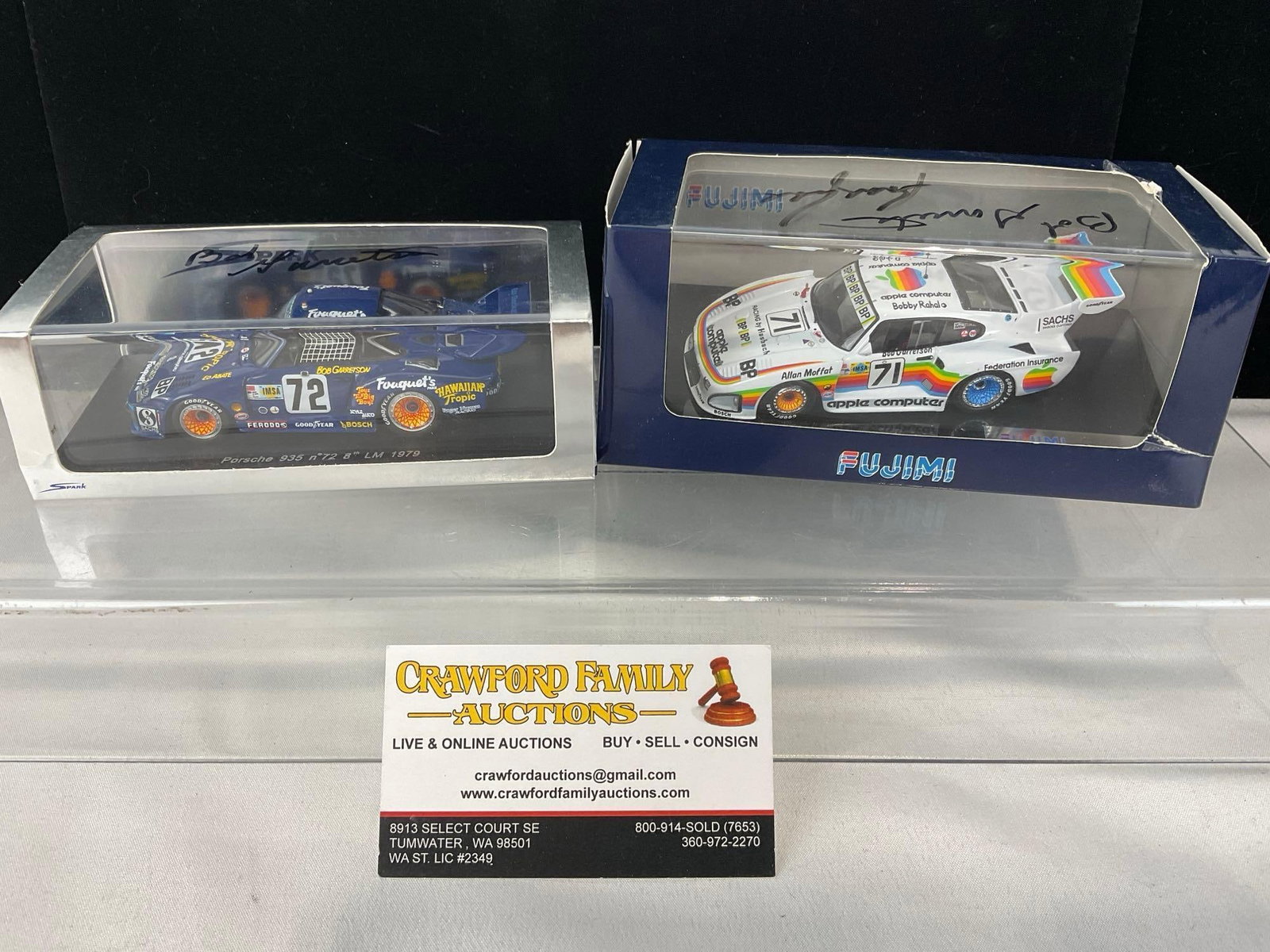 Spark & Fujimi 1/43 Scale Diecast Car Models, 1979-80 Porsche 935 Le Mans 24H signed by drivers: Both signed by Bob Garretson & 1 signed by Bobby Rabal. All comes from the same collection. Appears to be in good shape. The piece measures approx 6h x 7w x 4d inches. See pics. E-5420