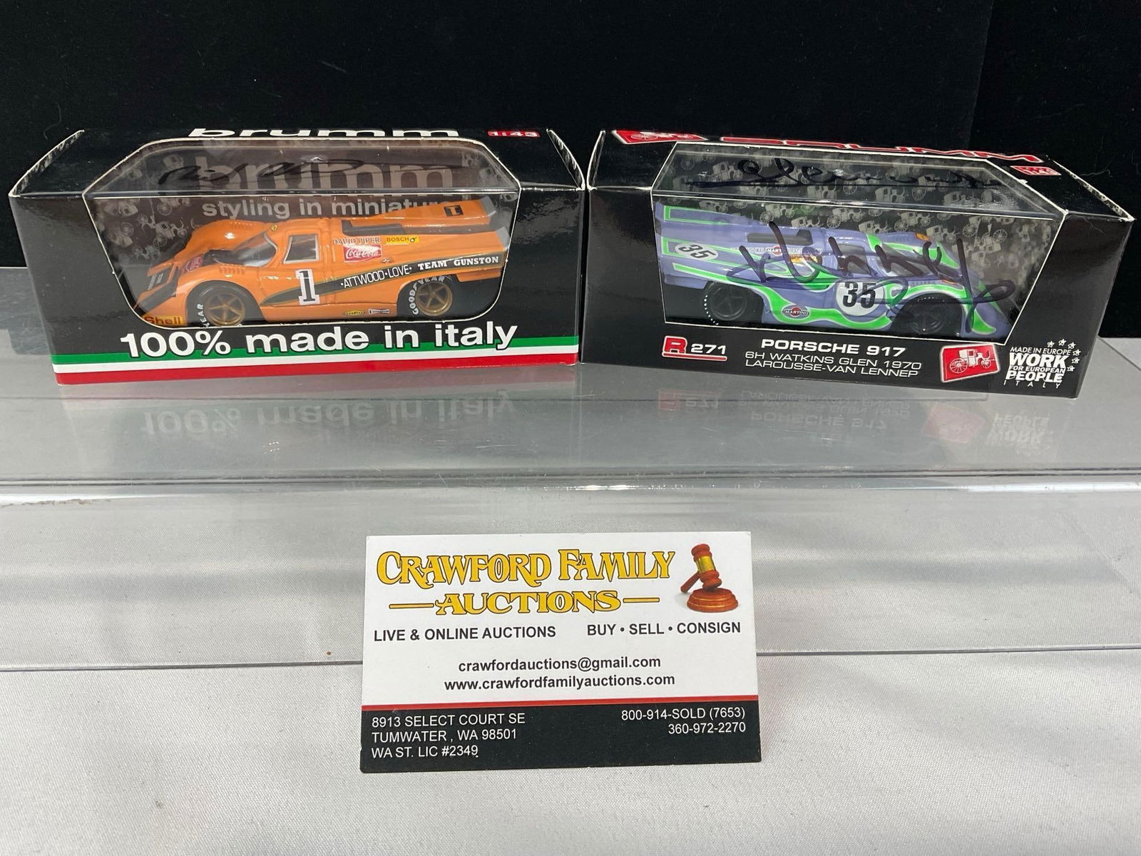 2 Brumm 1/43 Scale Diecast Car Models, 1970 & 1971 Porsche 917K Signed by drivers: 1 Signed by Richard Atwood & the other is signed by Gerard Larrousse & Gijs van Lennep. All comes from the same collection. Appears to be in good shape. The piece measures approx 6h x 7w x 4d