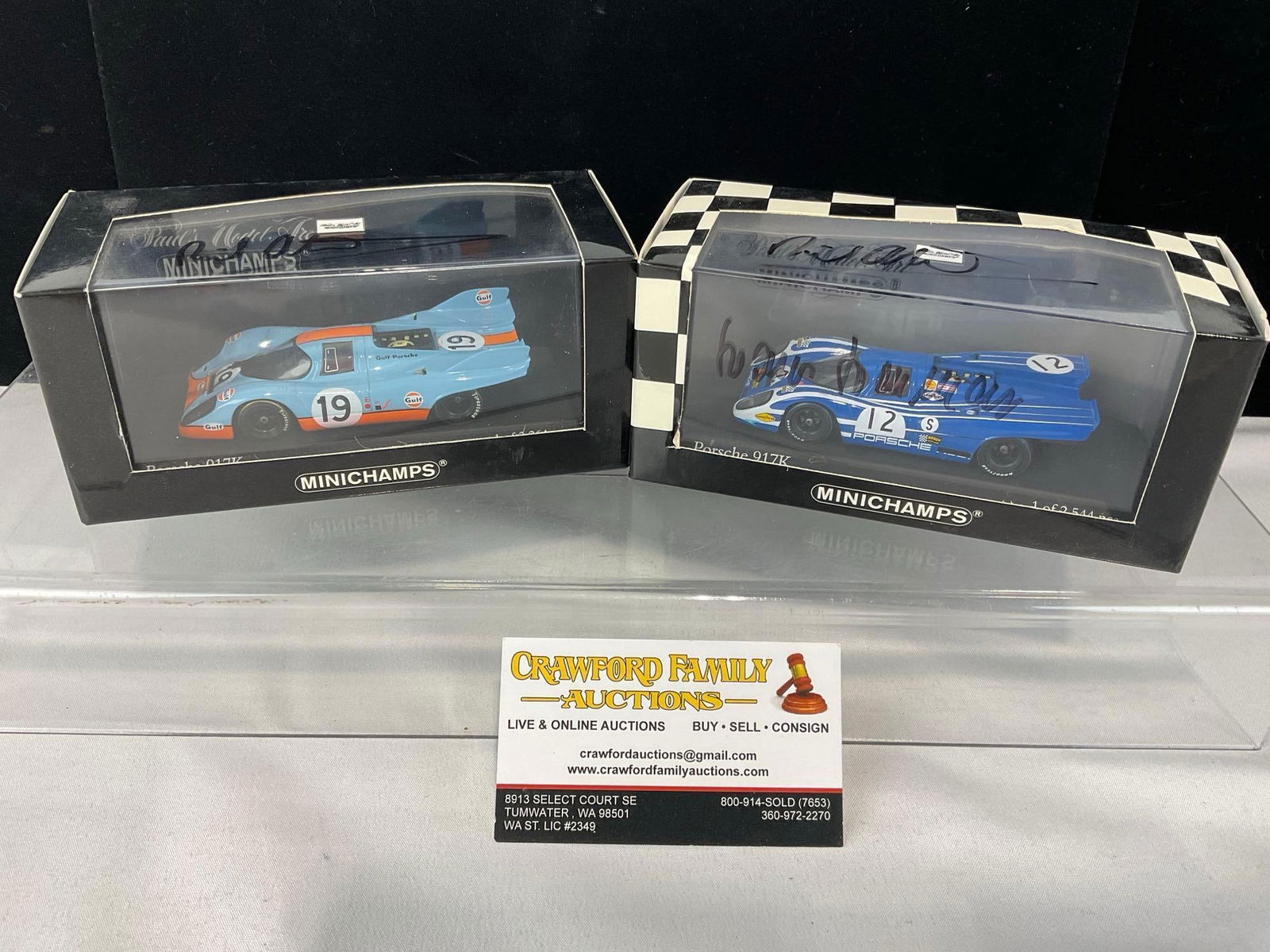 2 Minichamps 1/43 Scale Diecast Car Models, Porsche 917K 1970-71 signed by drivers Richard Atwood: Signed by drivers Richard Atwood & Hans Herrmann. All comes from the same collection. Appears to be in good shape. The piece measures approx 6h x 7w x 4d inches. See pics. E-5420 