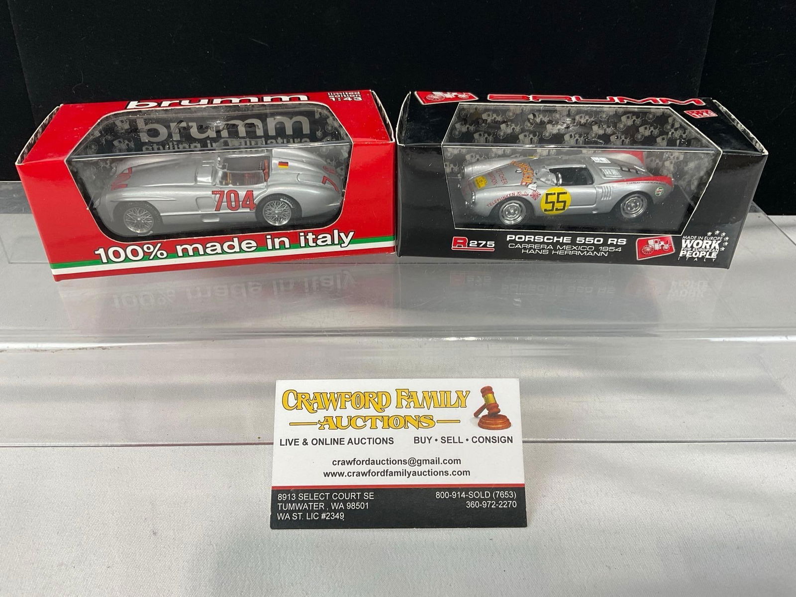 2 Brumm 1/43 Scale Diecast Car Models, 1954 Porsche 550 RS & 55 Mercedes 300SLR signed by Hans H.: Both are signed by Hans Herrmann the driver of both of those cars. All comes from the same collection. Appears to be in good shape. The piece measures approx 6h x 7w x 4d inches. See pics. E-5420 