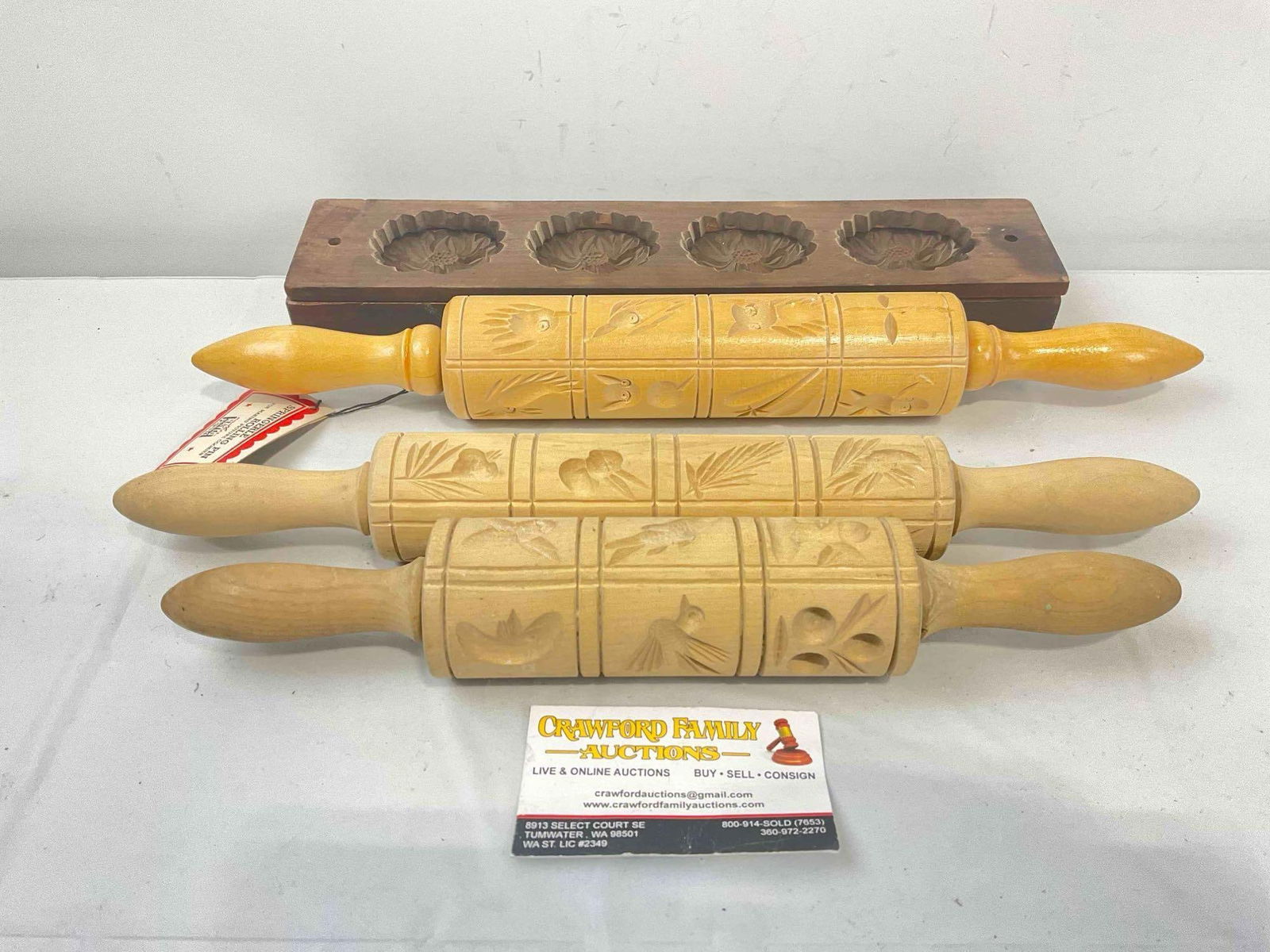 Vintage 3x Springerle Cookie Rolling Pins & 1x Japanese Kashigata Cake Mold. Excellent Condition.: Vintage 3x Springerle Cookie Rolling Pins & 1x Japanese Kashigata Cake Mold. One of the rolling pins still has original tag, Nayco. Excellent Condition. Fits in box measuring 12" x 8" x 9"