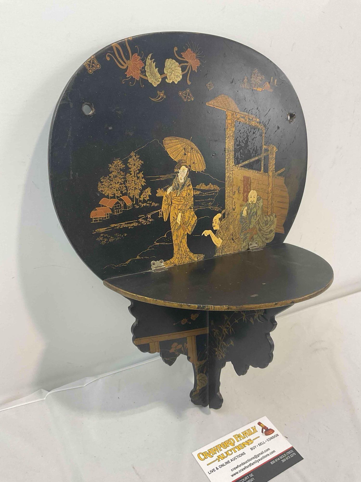 Antique Asian Chinoserie Lacquered Wood Folding Shell Wall Bracket. Very Good Condition. - 3