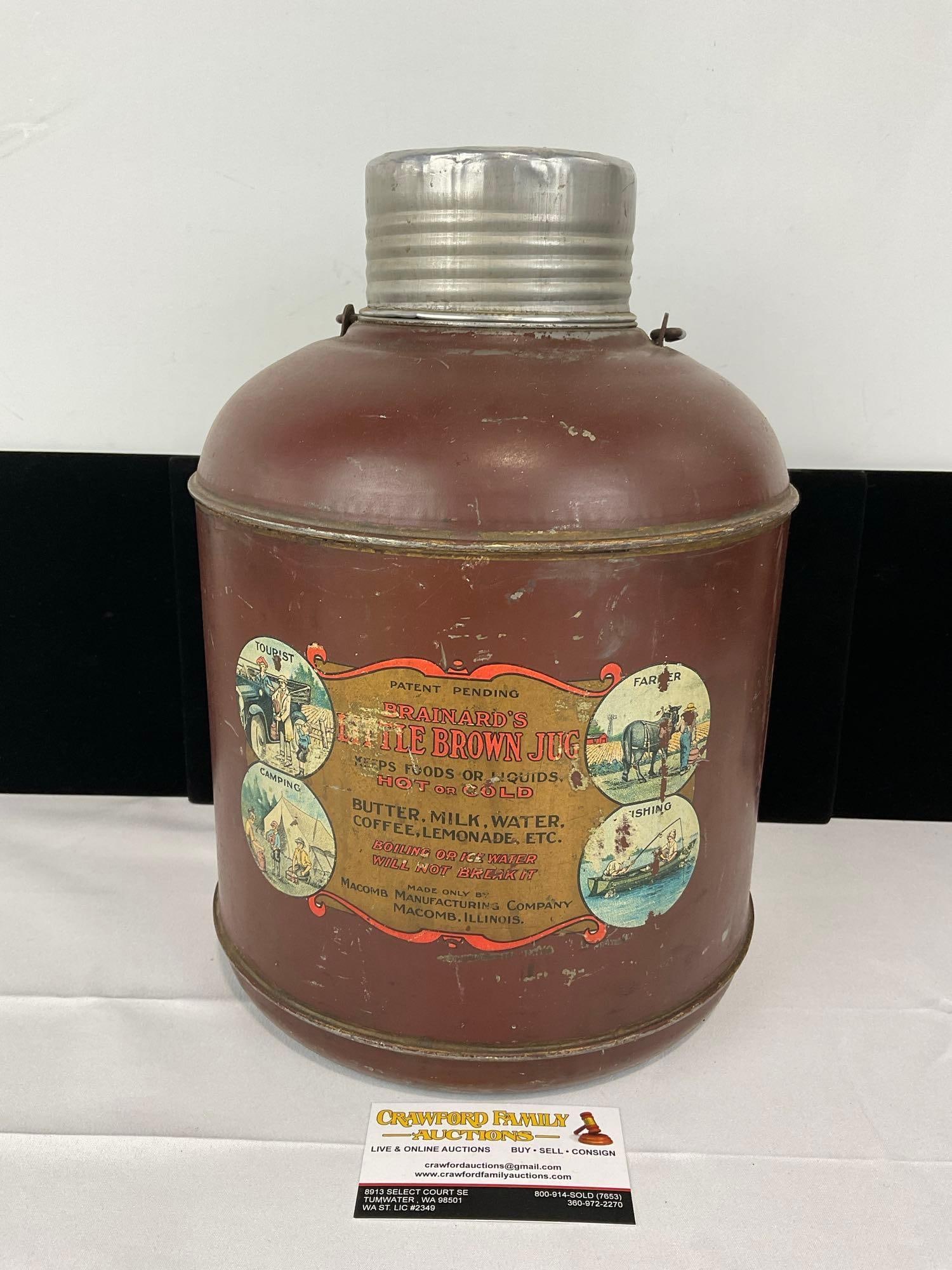 Early 20th Century Brainards Little Brown Jug, by Macomb MFG Co, Insulated Liquid Container, 14x10: Appears to be in fair to good shape, the piece has some missing finish, and the label has wear as well. Measures approx 14h x 10w x 10d inches. See pics. E-5360 
