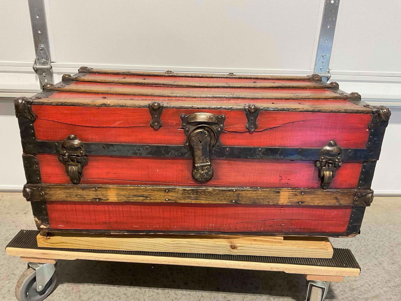 Antique Red Painted Wooden Steamer Trunk Chest. As Is Condition. See pics. (1 of 6)