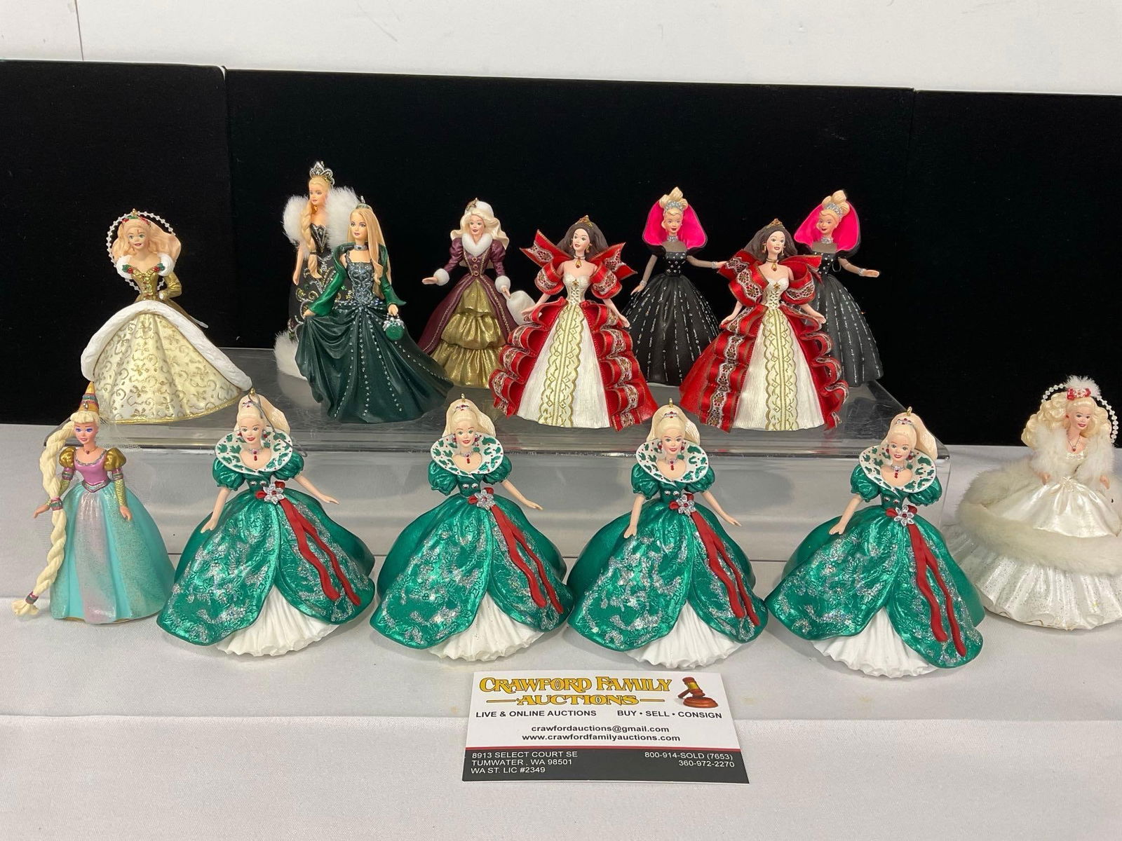 14 Vintage Holiday Barbie Ornaments, 1994-2005, Mattel & Hallmark, 8 patterns: Appears to be in good shape. The piece measures approx 9h x 13w x 9d inches. See pics. E-5430