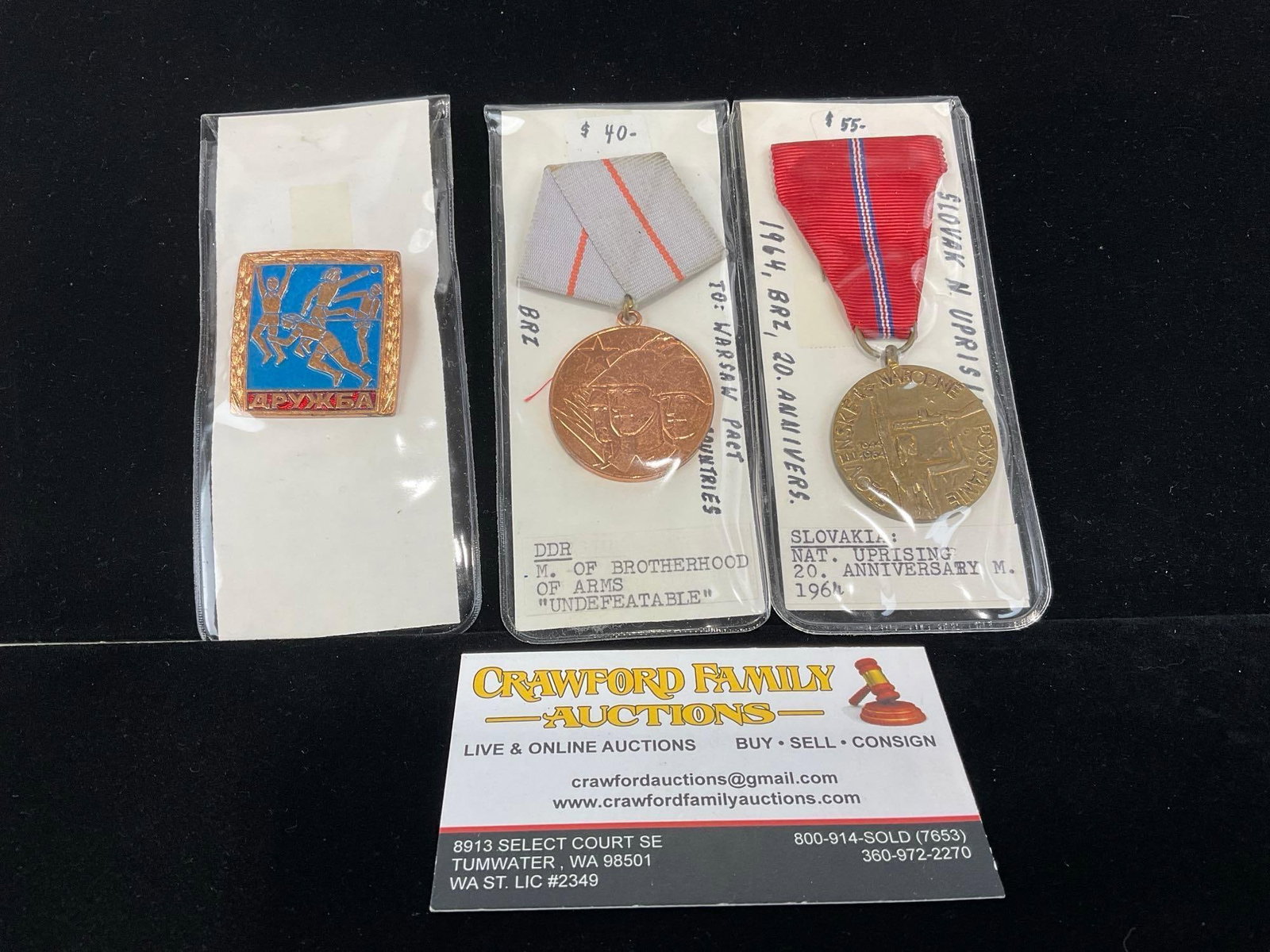 2 Medals, GDR Brotherhood of Arms, Slovak Nat. Uprising 20th anni 1964 & Soviet-GDR Friendship Ba...: All from a single collection, these are briefly described on the tag and were kept in a display. They measure approx 6h x 3w x 2d inches. See pics. E-5300 