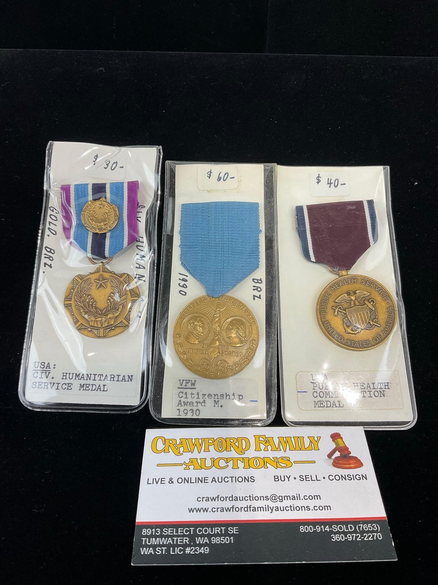 3 US Medals, USA Civ. Humanitarian Serv, Public Health Commendation, & Citizenship Award 1930: All from a single collection, these are briefly described on the tag and were kept in a display. They measure approx 6h x 3w x 2d inches. See pics. E-5300 