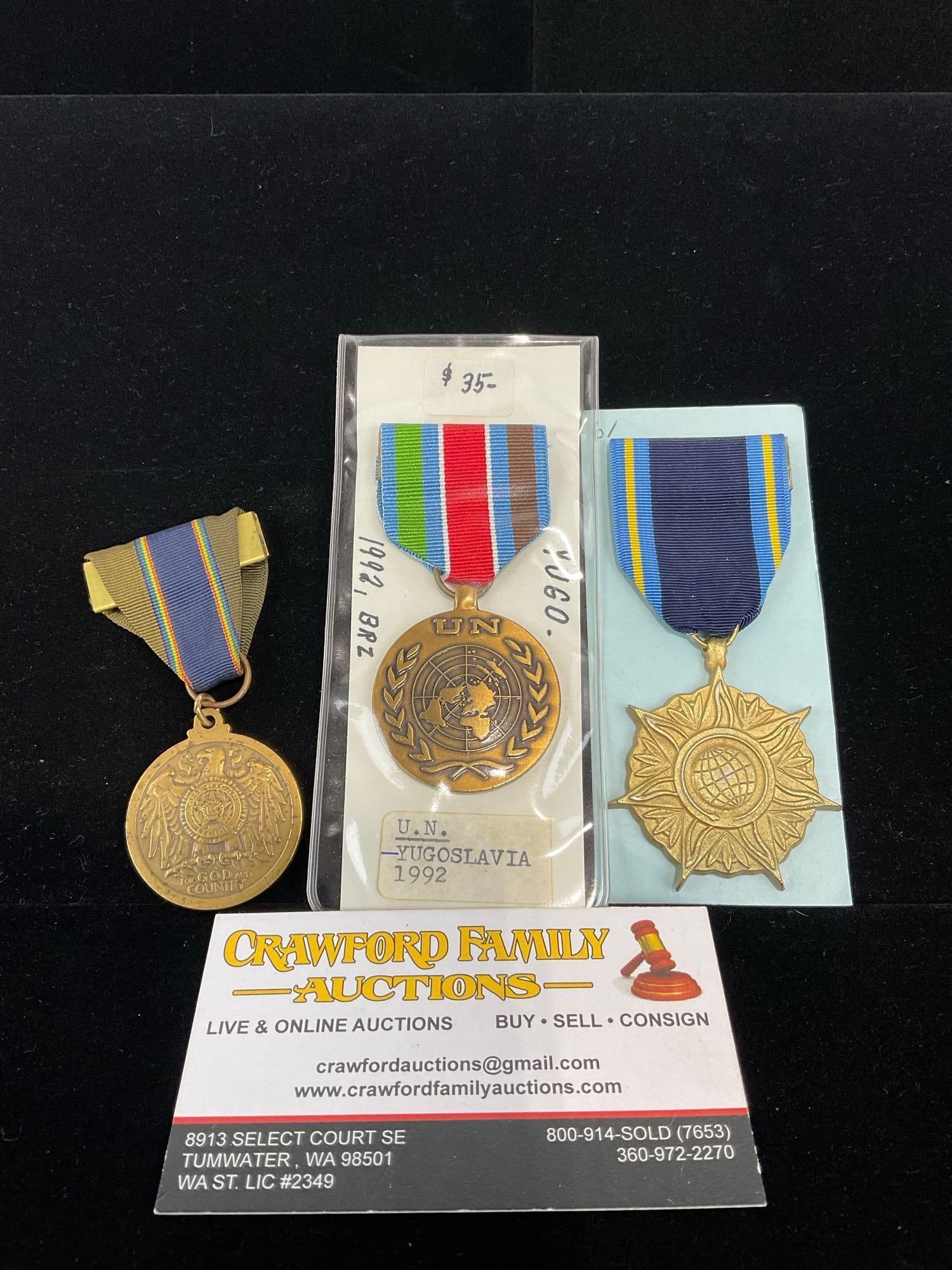 3 US Medals, American Legion, United Nations Yugoslavia 1992 & NASA Disting. Public Service Medal: All from a single collection, these are briefly described on the tag and were kept in a display. They measure approx 6h x 3w x 2d inches. See pics. E-5300 