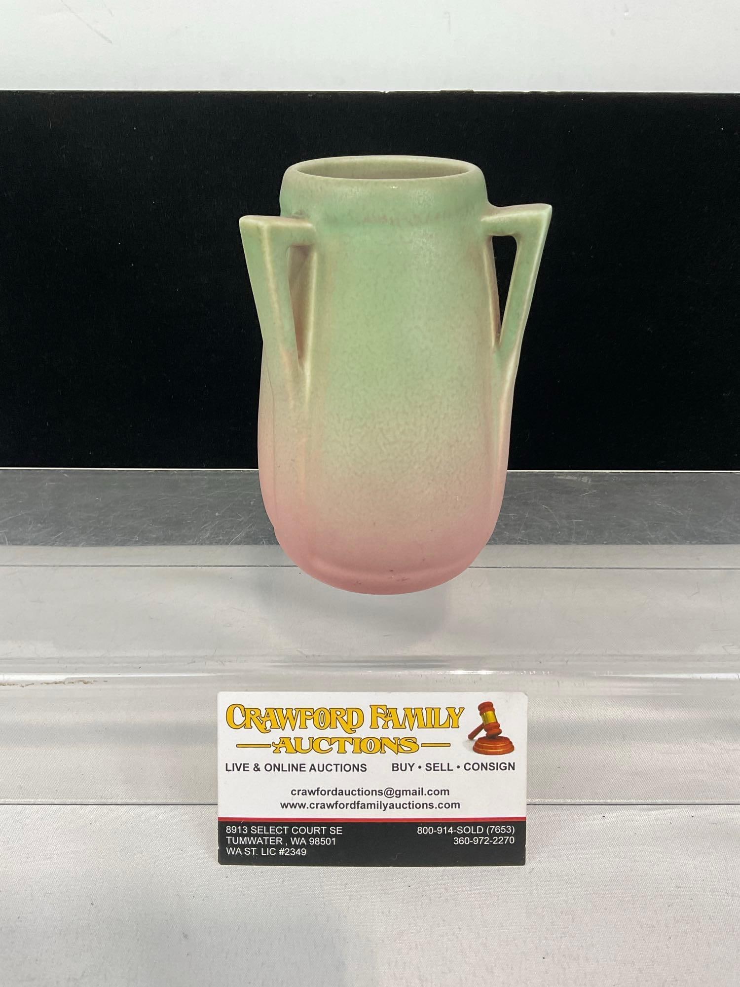 Early 20th Century 1925 Rookwood Pottery, Three Handled Vase, Pale Green-Dusty Rose Finish, 6x5x5...: Appears to be in good shape. The piece measures approx 6h x 5w x 5d inches. See pics. E-5480 