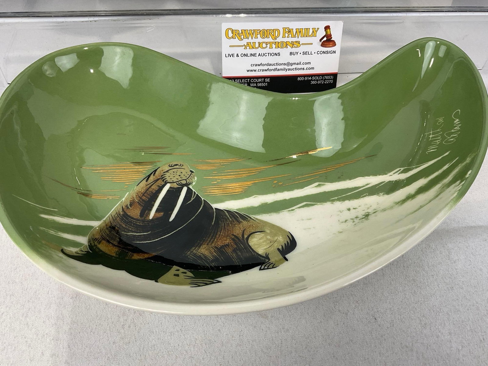 3 Alaskan Pottery Pieces, Signed by Matthew Adams, Walrus Design, Ashtray, Creamer & Serving Plate - 2