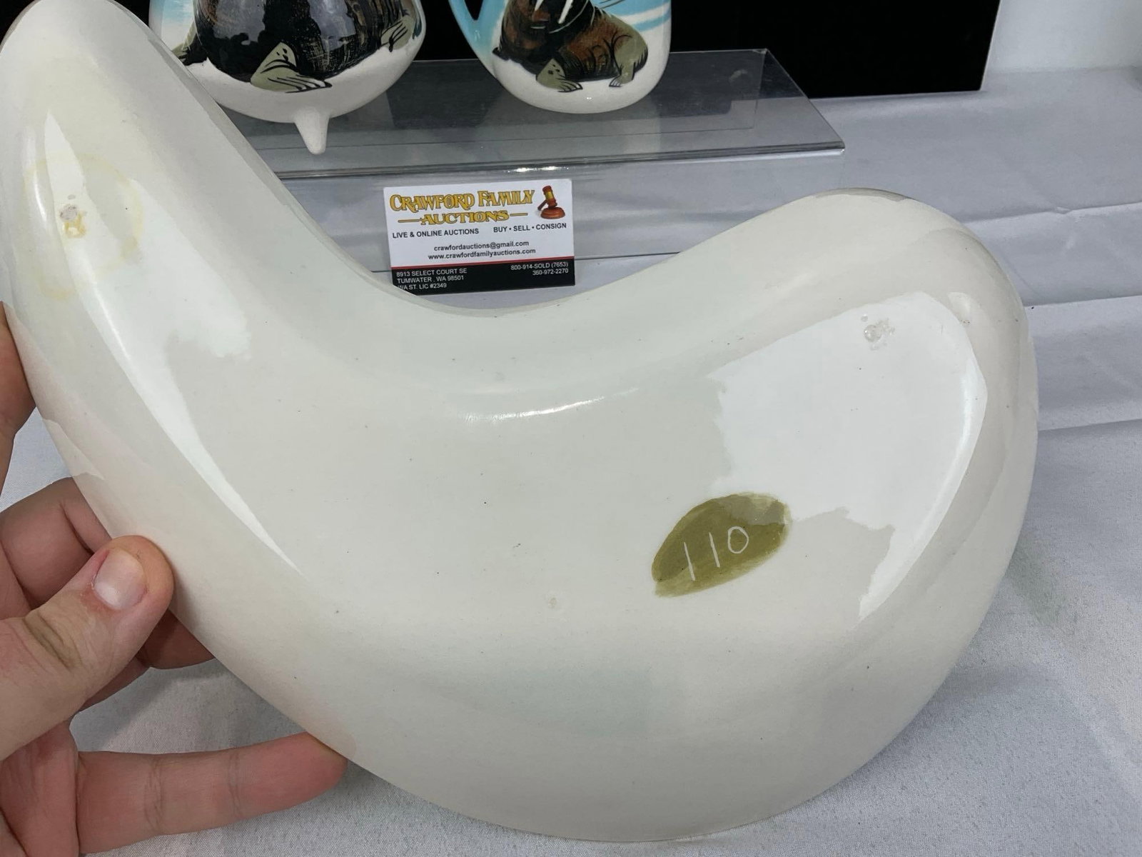 3 Alaskan Pottery Pieces, Signed by Matthew Adams, Walrus Design, Ashtray, Creamer & Serving Plate - 5