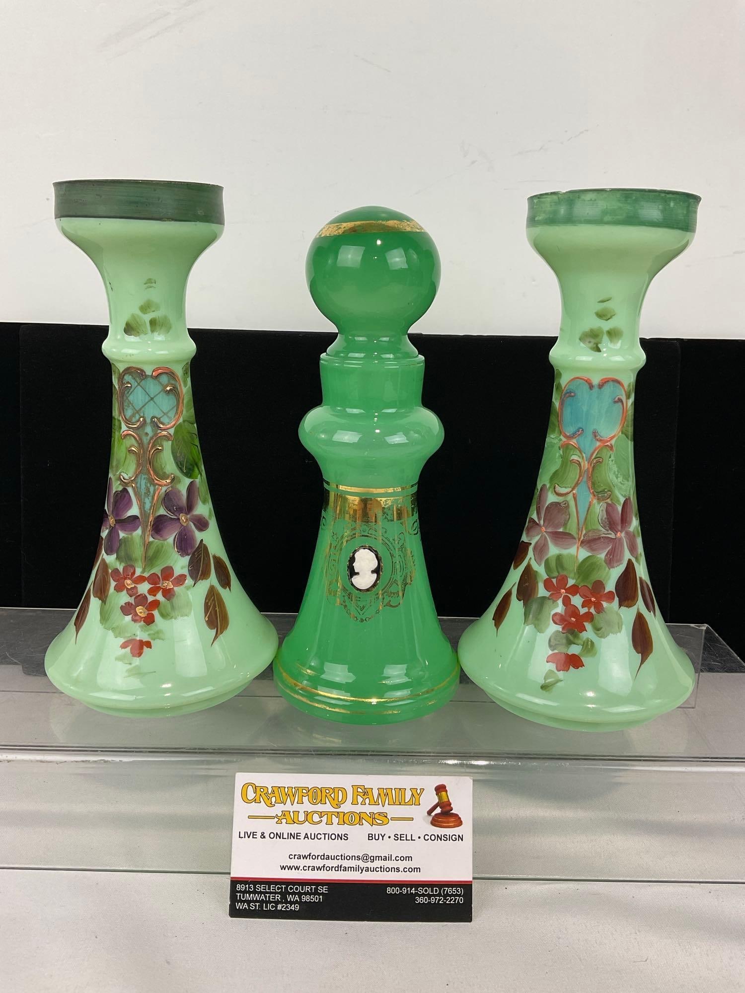 Pair of Handpainted Jadeite Green Glass Candleholder & Perfume Bottle w/ Cameo, gilt paint,: Appears to be in fair to good shape. The piece measures approx 5h x 14w x 10d inches. See pics. E-5480 