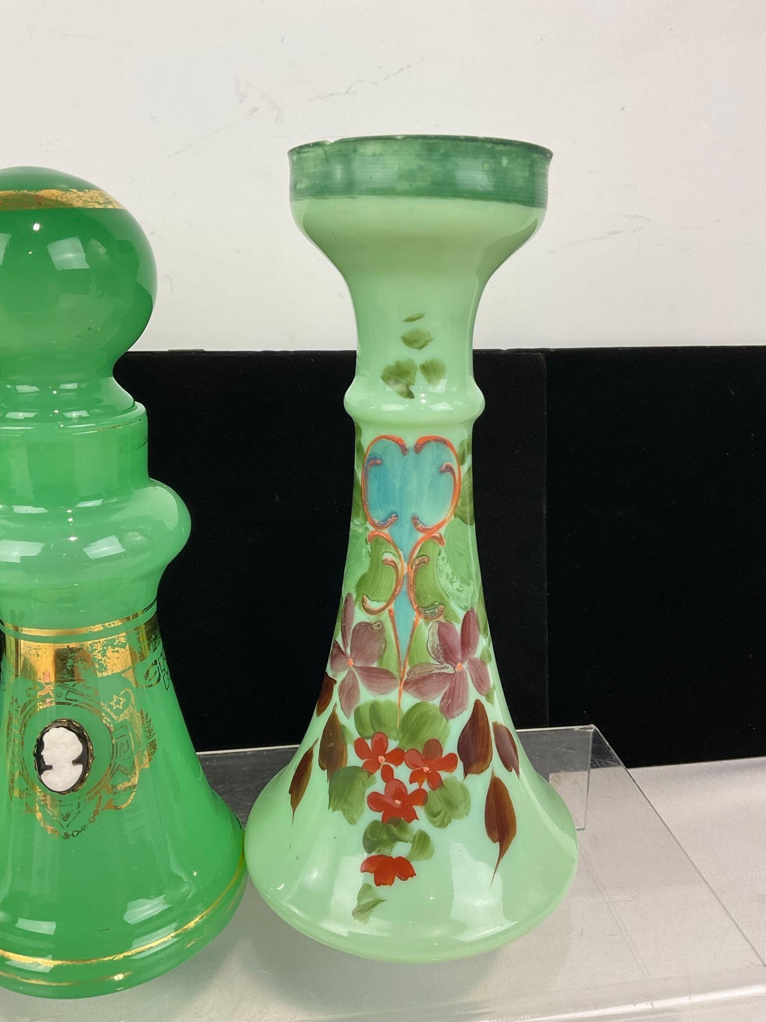 Pair of Handpainted Jadeite Green Glass Candleholder & Perfume Bottle w/ Cameo, gilt paint, - 2