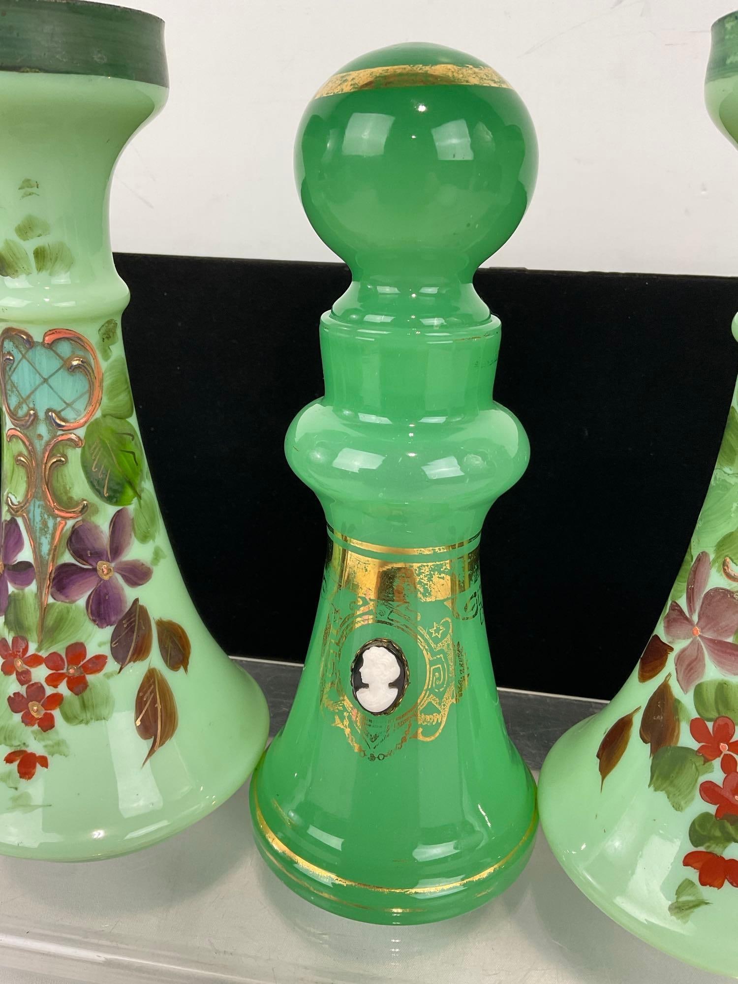 Pair of Handpainted Jadeite Green Glass Candleholder & Perfume Bottle w/ Cameo, gilt paint, - 3