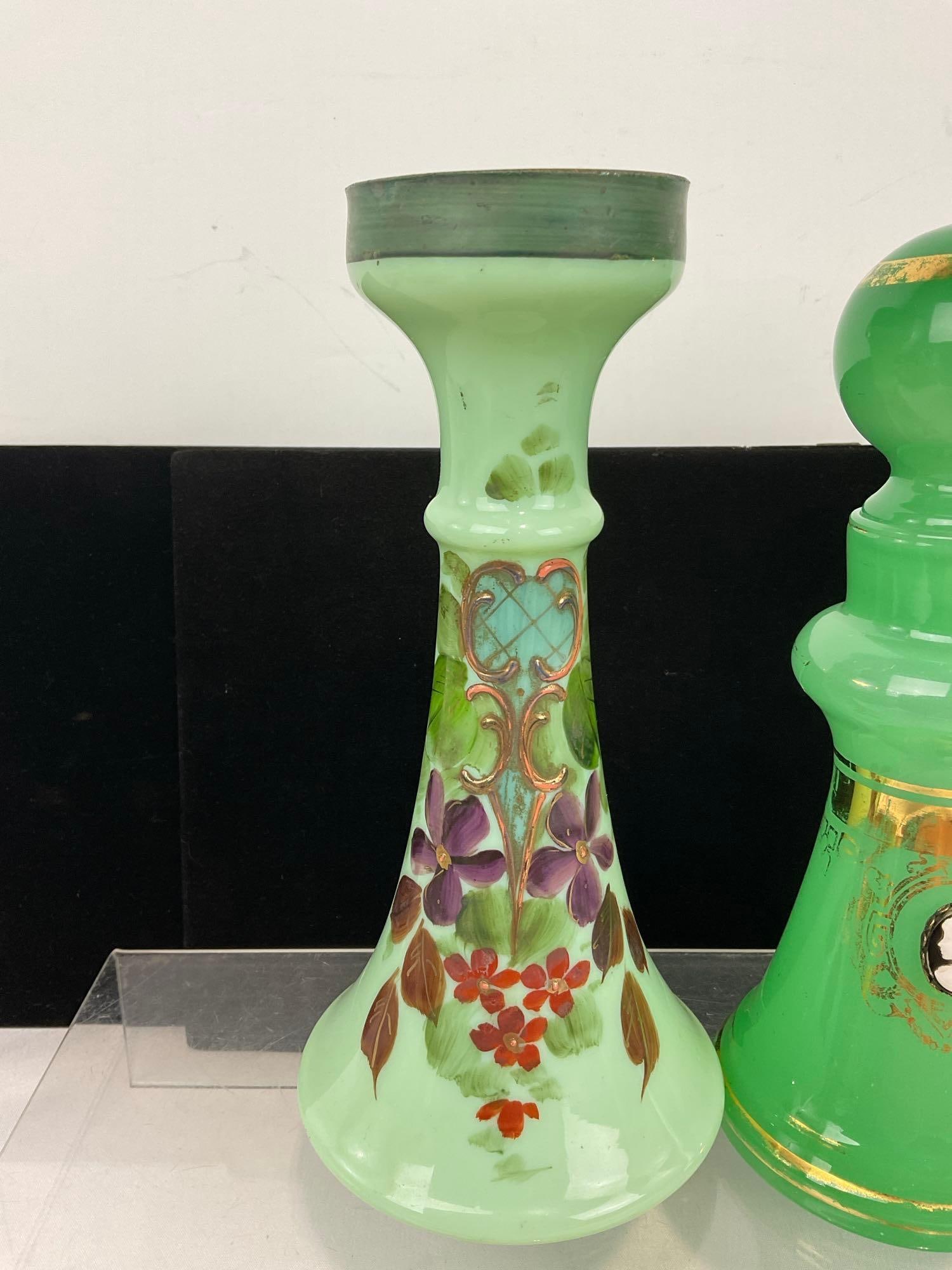 Pair of Handpainted Jadeite Green Glass Candleholder & Perfume Bottle w/ Cameo, gilt paint, - 4