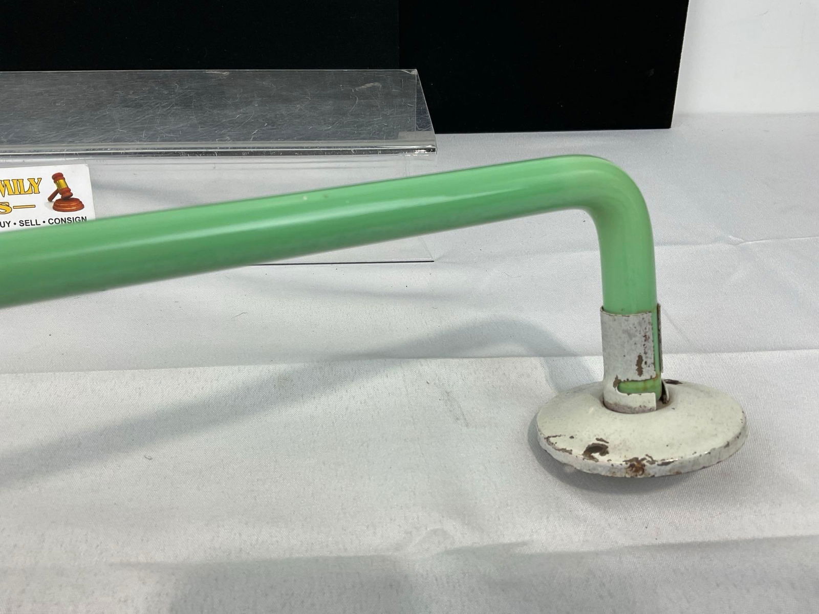 Lovely Mid Century Jadeite Glass Towel Bar, Pair of Metal Mounts, 4h x 25w x 3d inches - 2